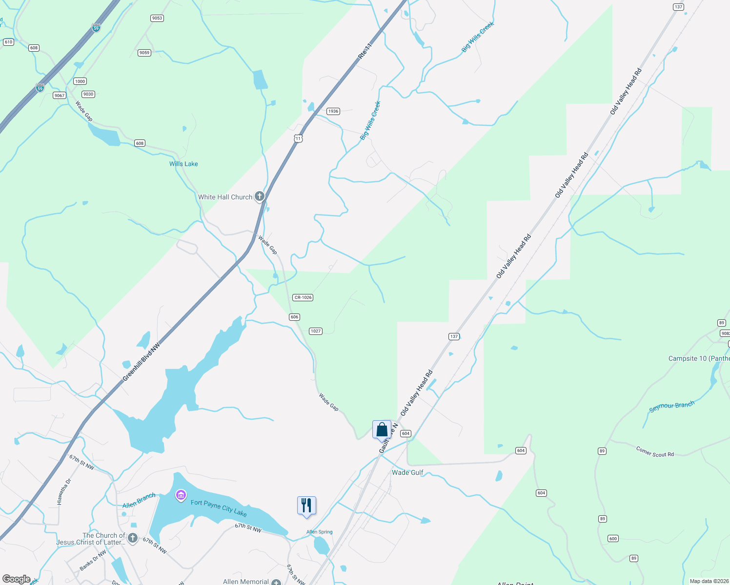 map of restaurants, bars, coffee shops, grocery stores, and more near 419 Road 1980 in Valley Head