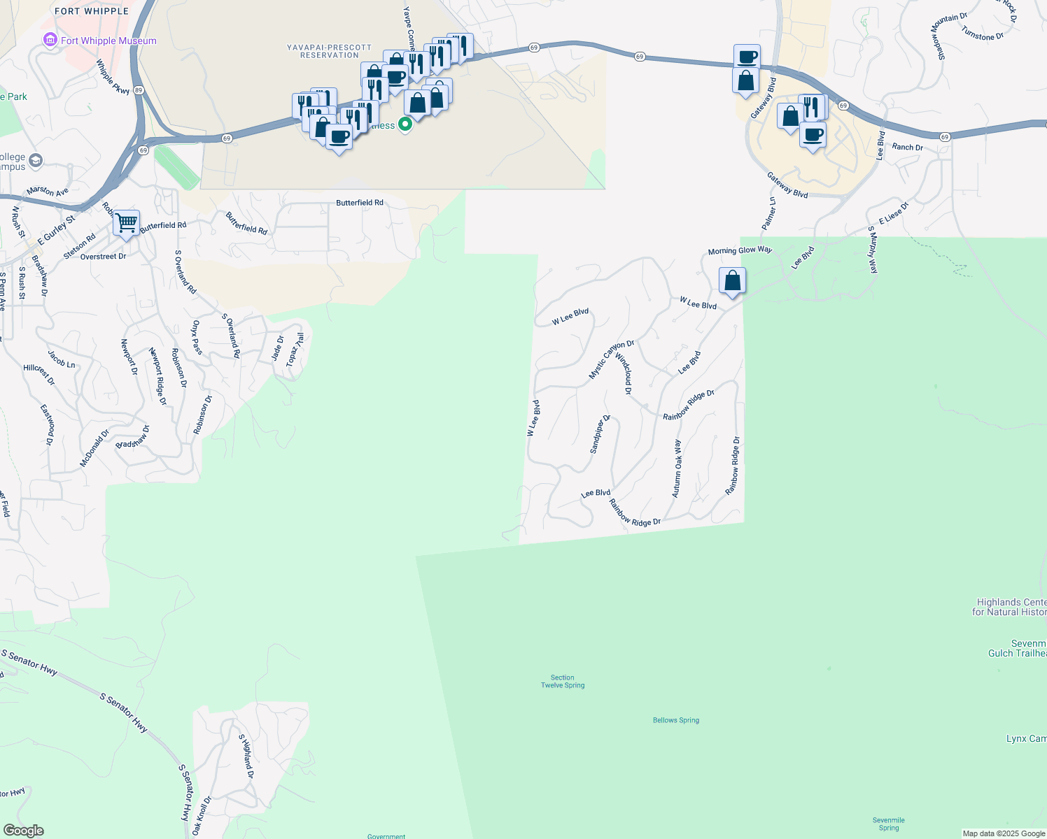 map of restaurants, bars, coffee shops, grocery stores, and more near 675 West Lee Boulevard in Prescott
