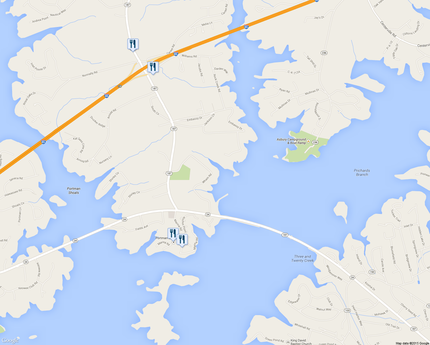 map of restaurants, bars, coffee shops, grocery stores, and more near 315 Wham Road in Anderson