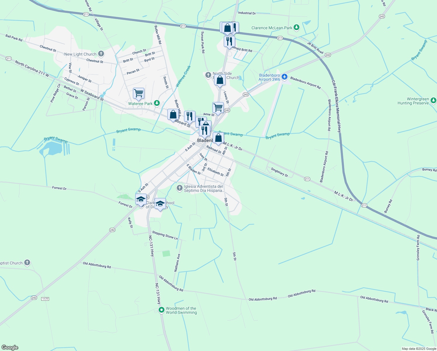 map of restaurants, bars, coffee shops, grocery stores, and more near 403 Elizabeth Street in Bladenboro