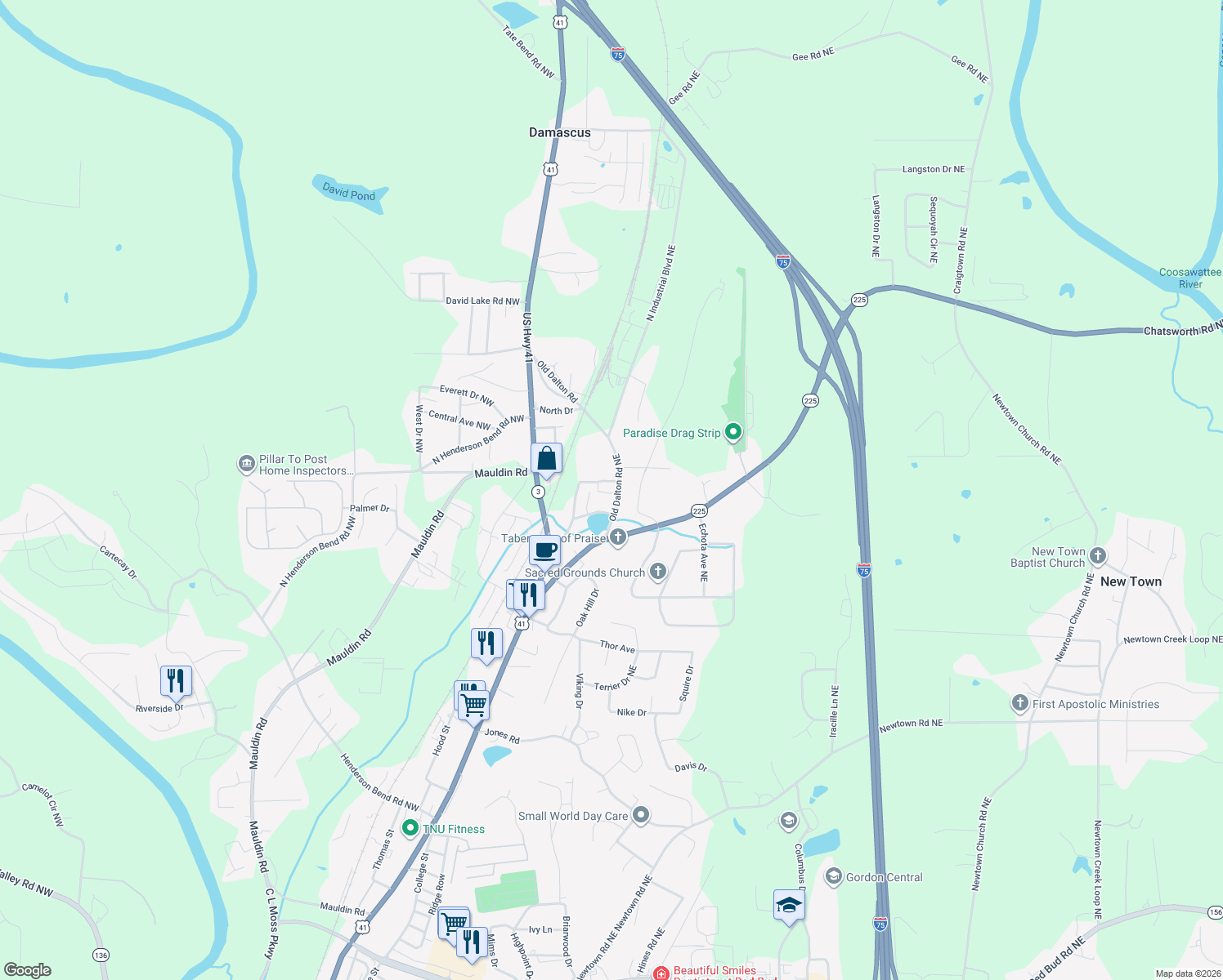 map of restaurants, bars, coffee shops, grocery stores, and more near 172 Old Dalton Rd NE in Calhoun