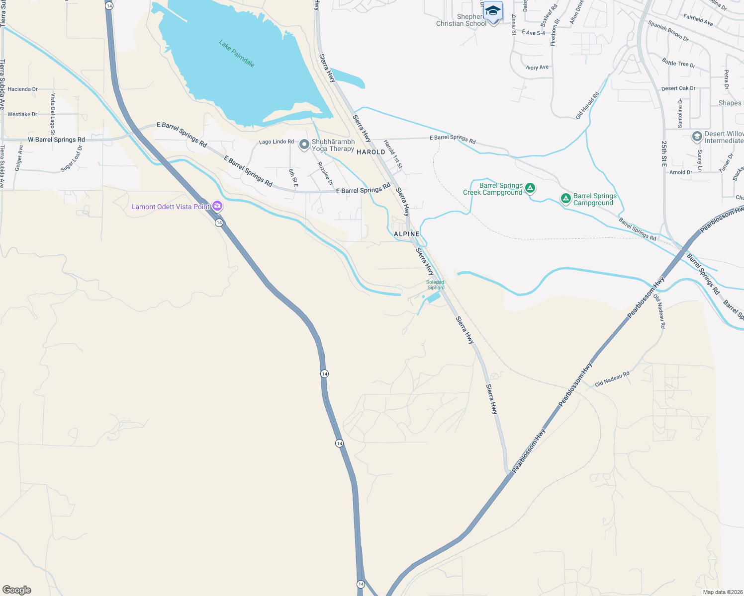 map of restaurants, bars, coffee shops, grocery stores, and more near 36059 Sierra Highway in Palmdale