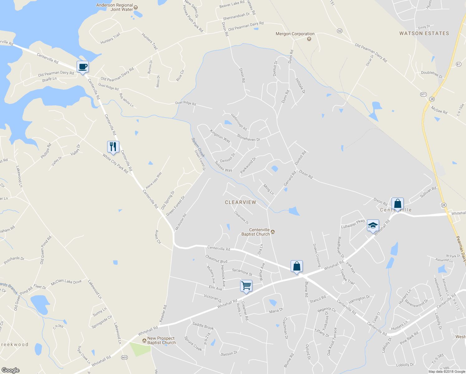 map of restaurants, bars, coffee shops, grocery stores, and more near 138 Shannon Drive in Anderson