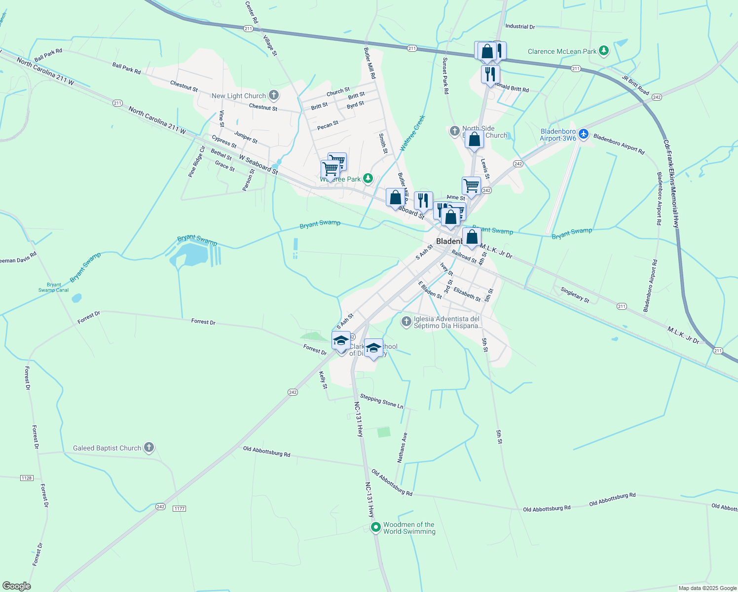 map of restaurants, bars, coffee shops, grocery stores, and more near 509 South Ash Street in Bladenboro