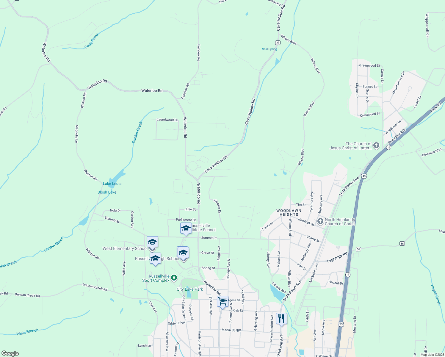 map of restaurants, bars, coffee shops, grocery stores, and more near 170 Abbey Lane in Russellville