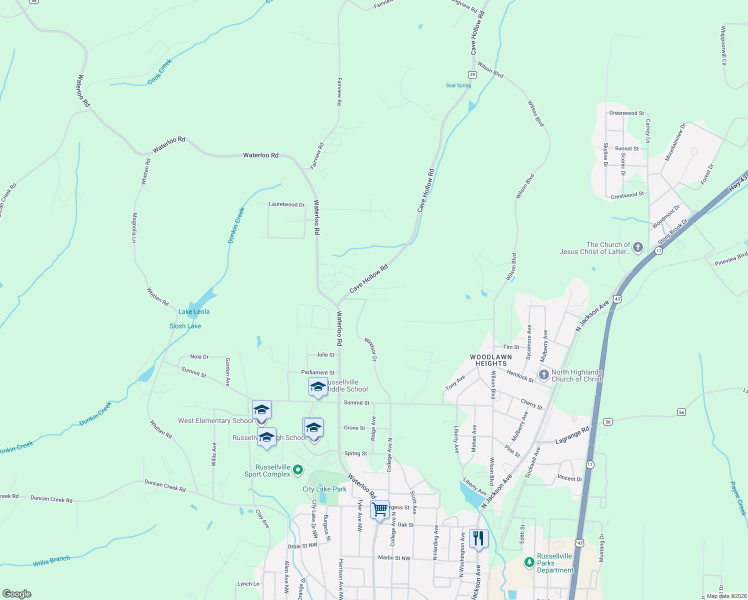 map of restaurants, bars, coffee shops, grocery stores, and more near 170 Abbey Lane in Russellville