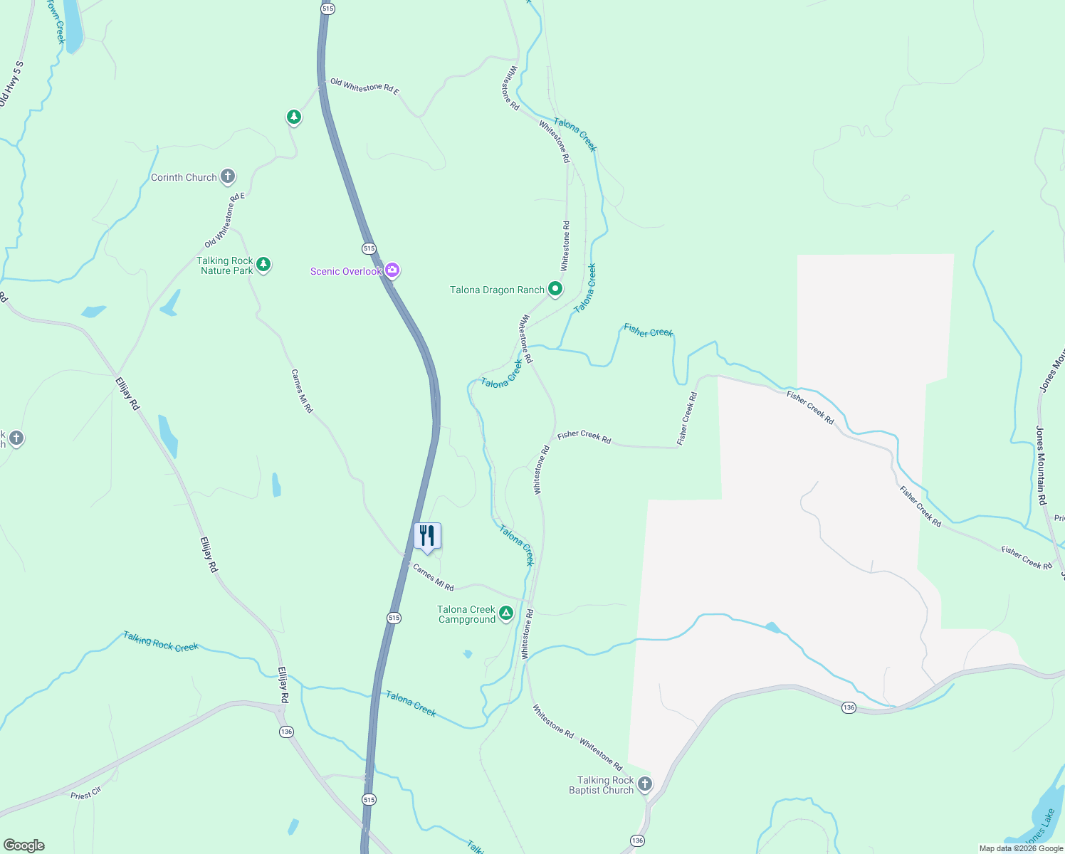map of restaurants, bars, coffee shops, grocery stores, and more near 1415 Whitestone Road in Talking Rock