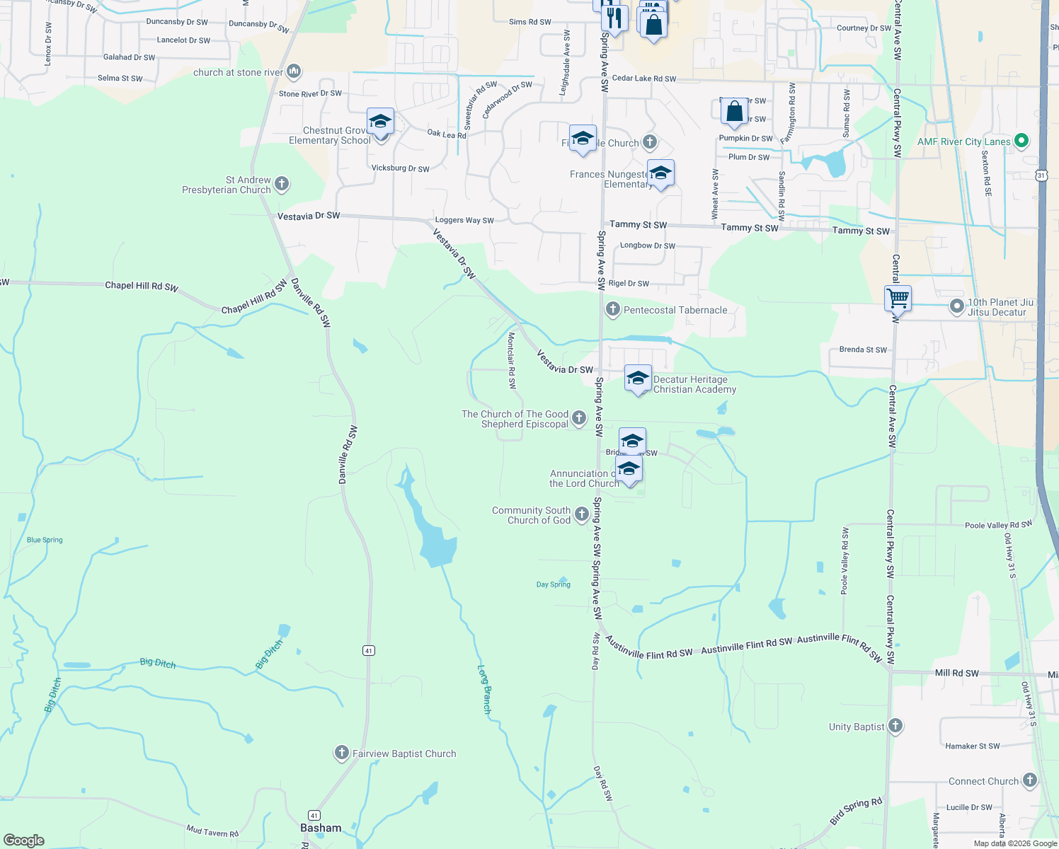 map of restaurants, bars, coffee shops, grocery stores, and more near 3708 Montclair Road Southwest in Decatur