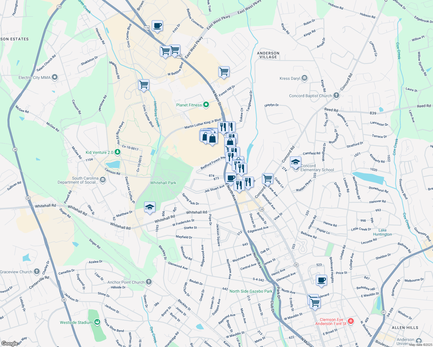 map of restaurants, bars, coffee shops, grocery stores, and more near 204 Beauregard Avenue in Anderson