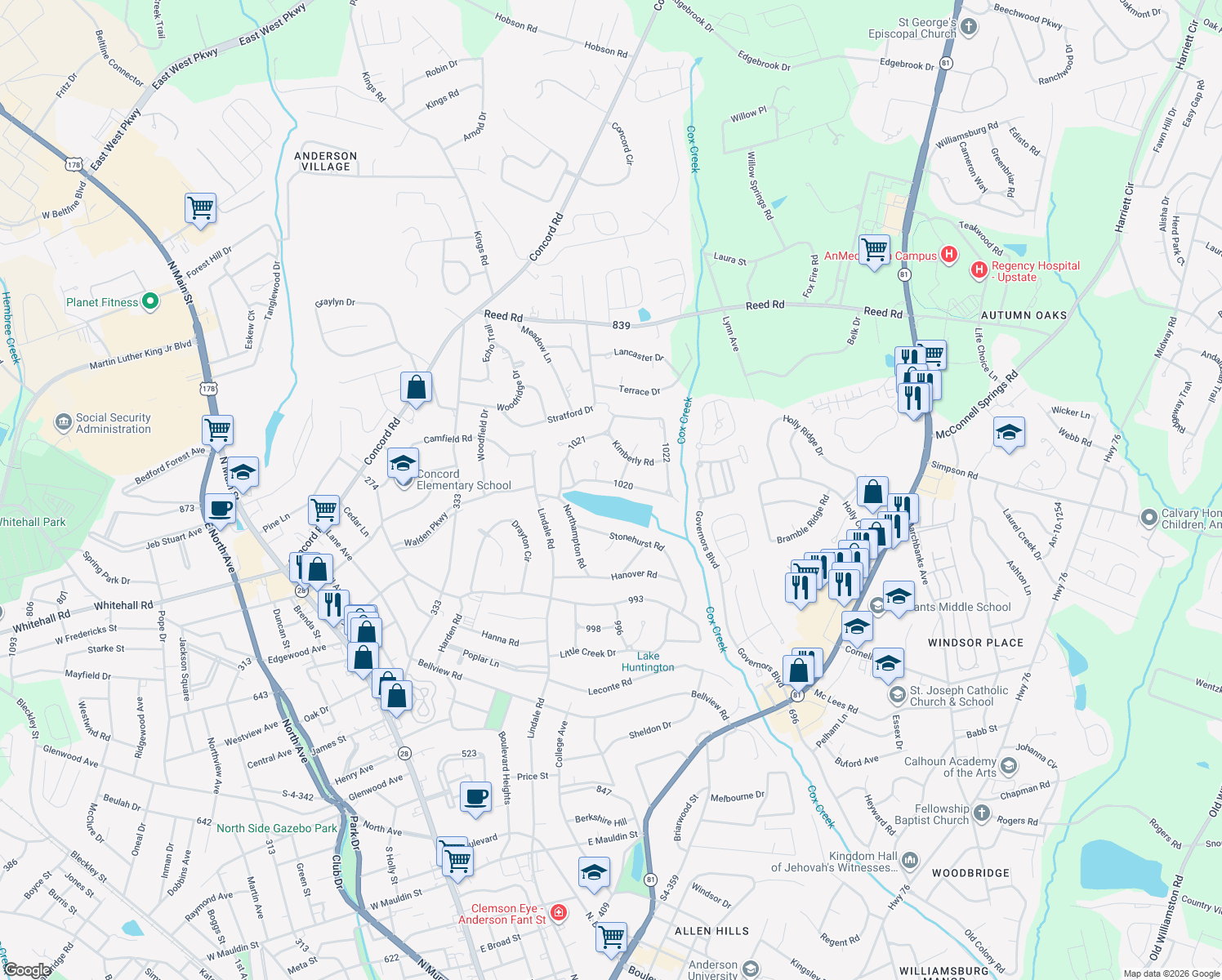 map of restaurants, bars, coffee shops, grocery stores, and more near 1206 Wendover Way in Anderson
