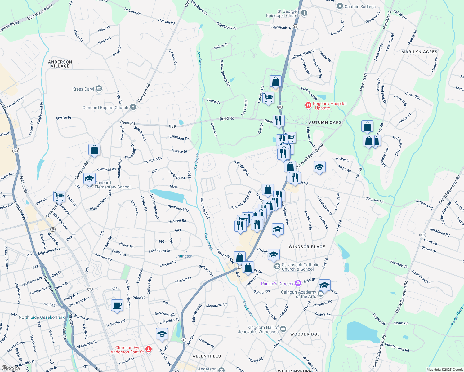 map of restaurants, bars, coffee shops, grocery stores, and more near 303 Holly Creek Drive in Anderson