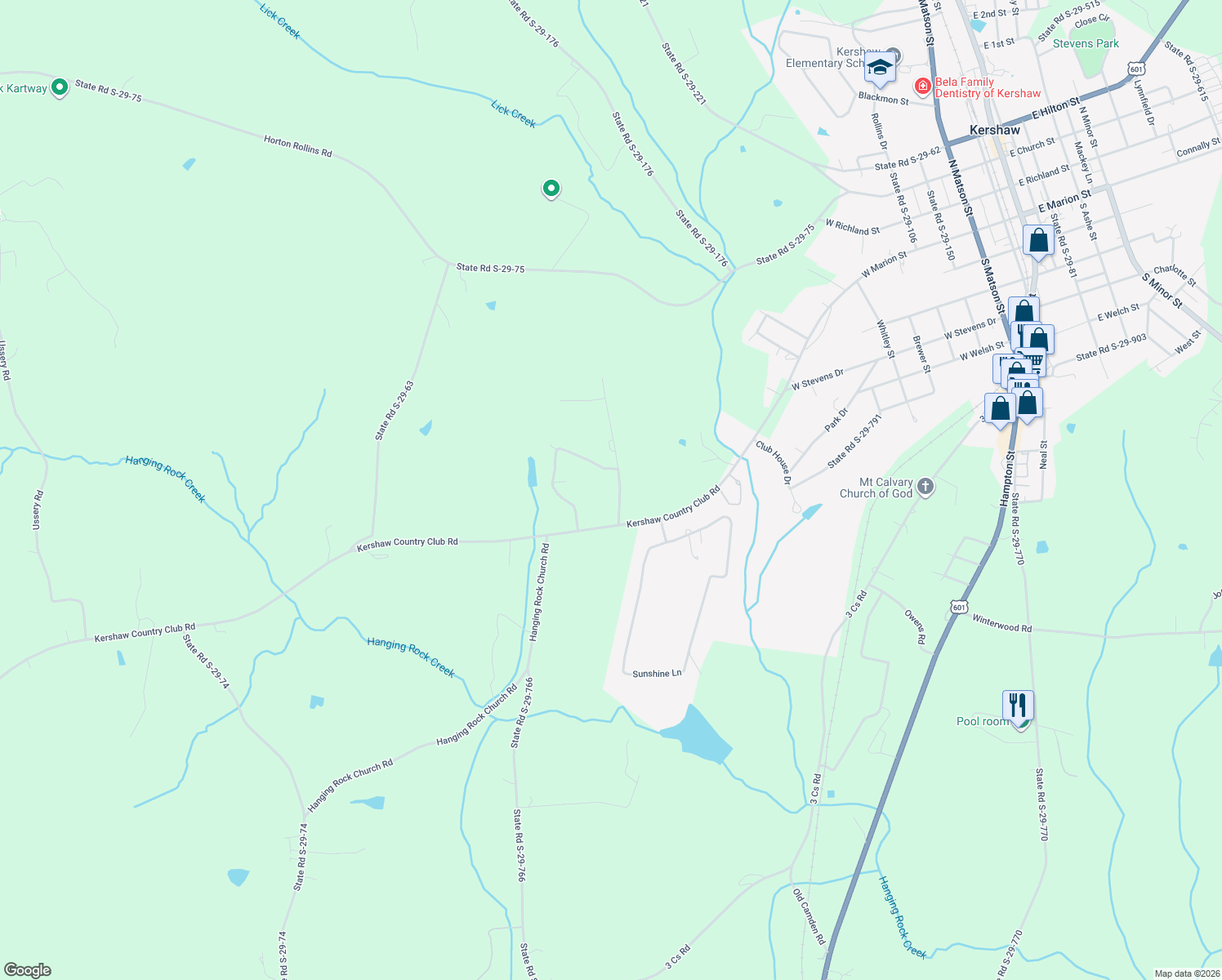 map of restaurants, bars, coffee shops, grocery stores, and more near 6640 State Road S-29-427 in Kershaw