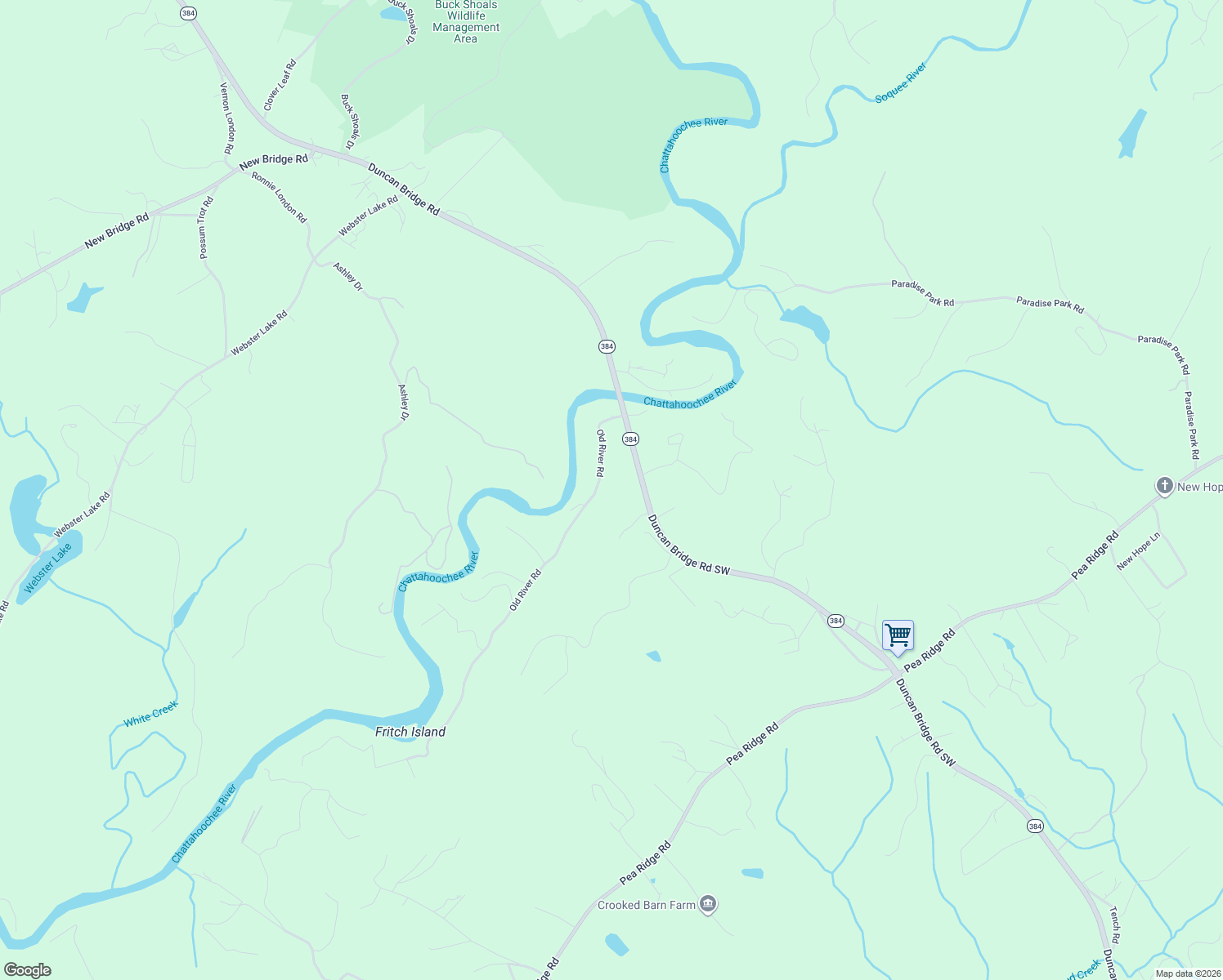 map of restaurants, bars, coffee shops, grocery stores, and more near 350 Old River Road in Cornelia