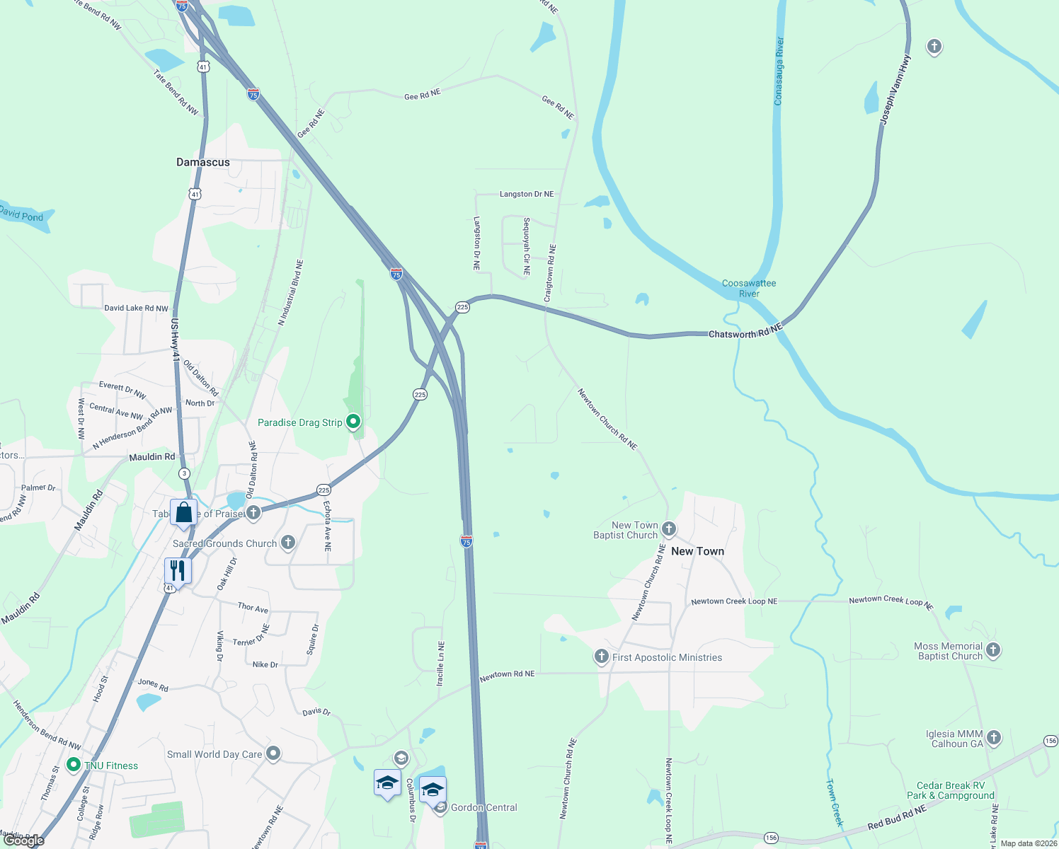 map of restaurants, bars, coffee shops, grocery stores, and more near 120 Laurel Dr NE in Calhoun