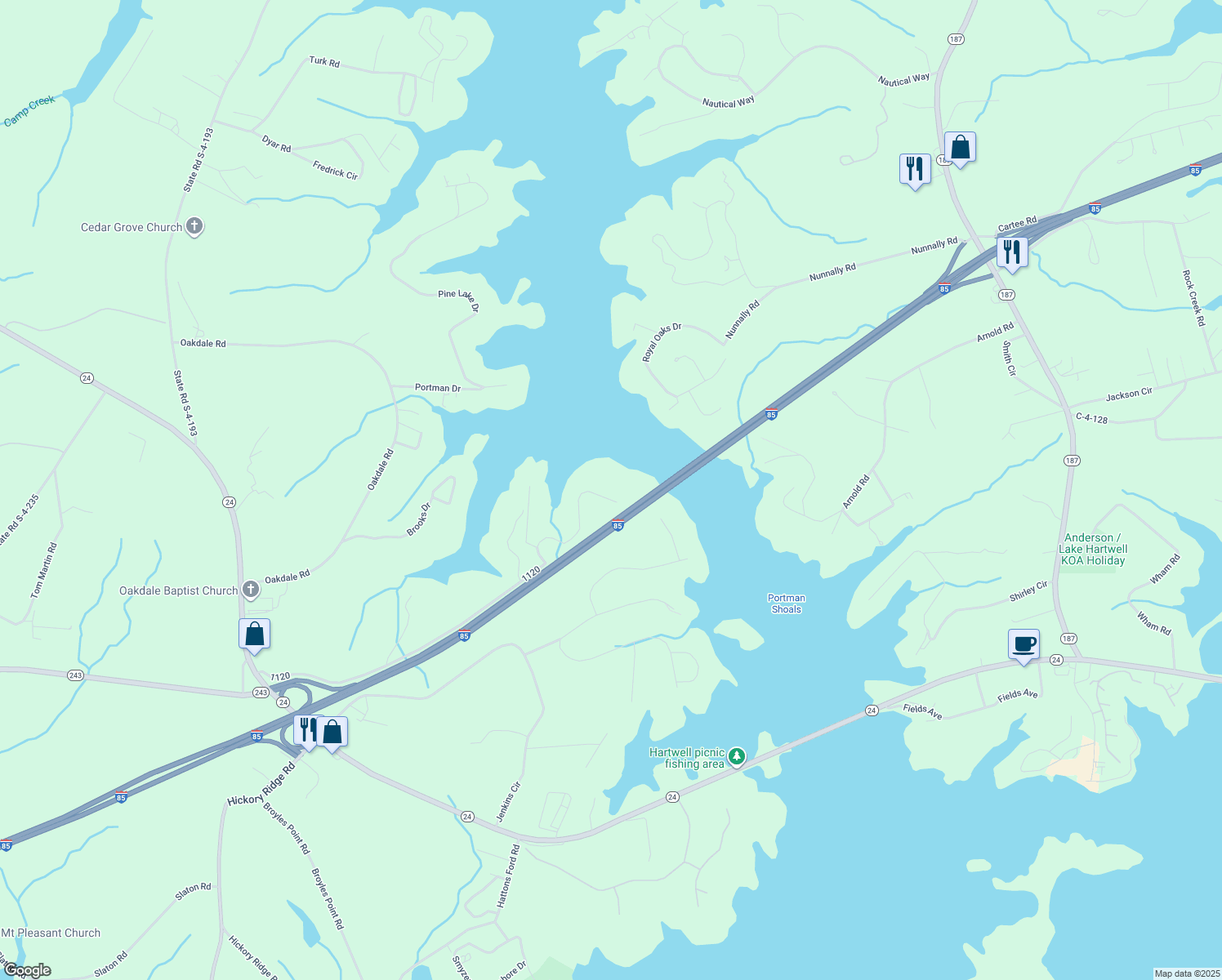 map of restaurants, bars, coffee shops, grocery stores, and more near 225 Stelling Road in Townville