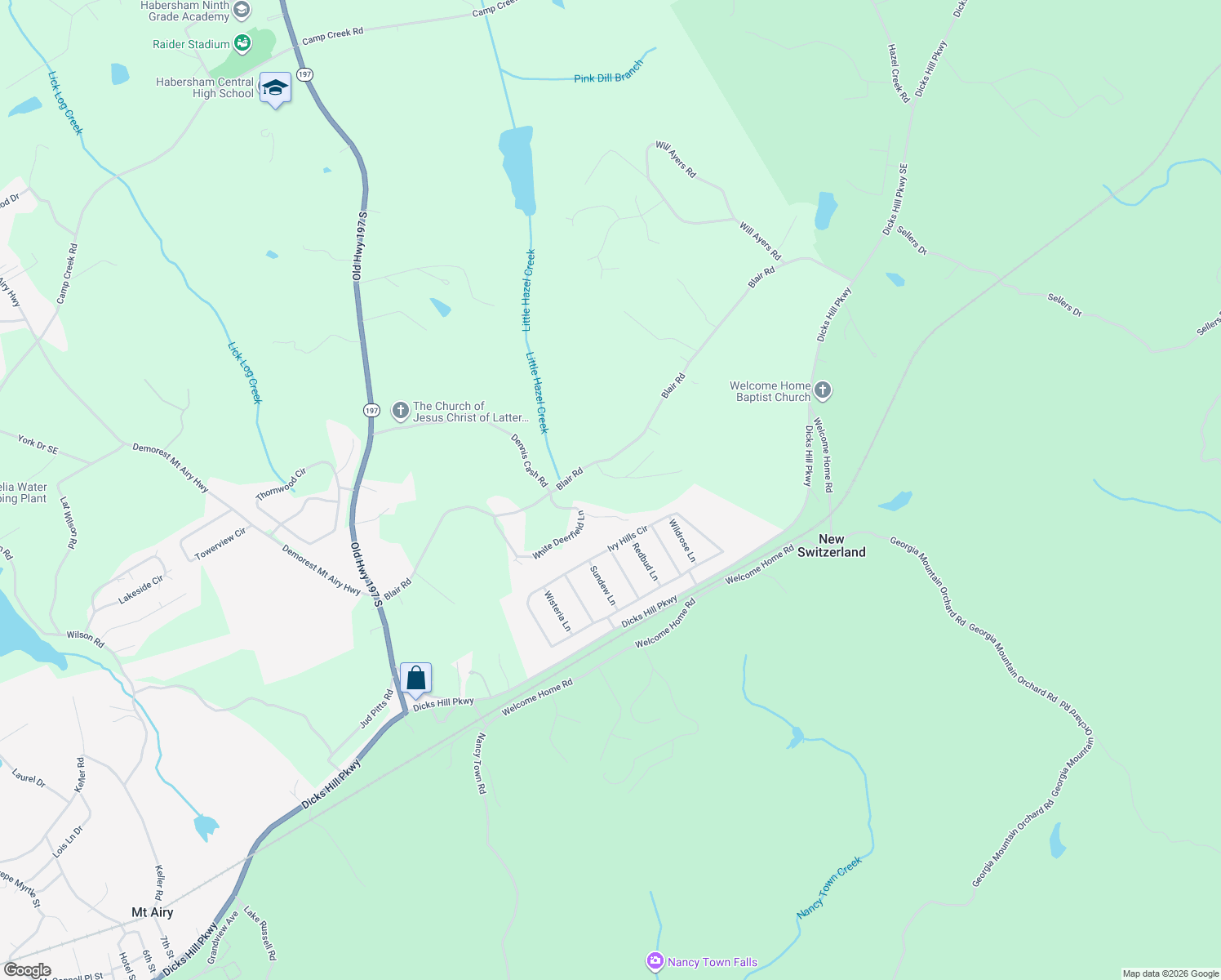 map of restaurants, bars, coffee shops, grocery stores, and more near 170 Rolling Meadow Drive in Mount Airy