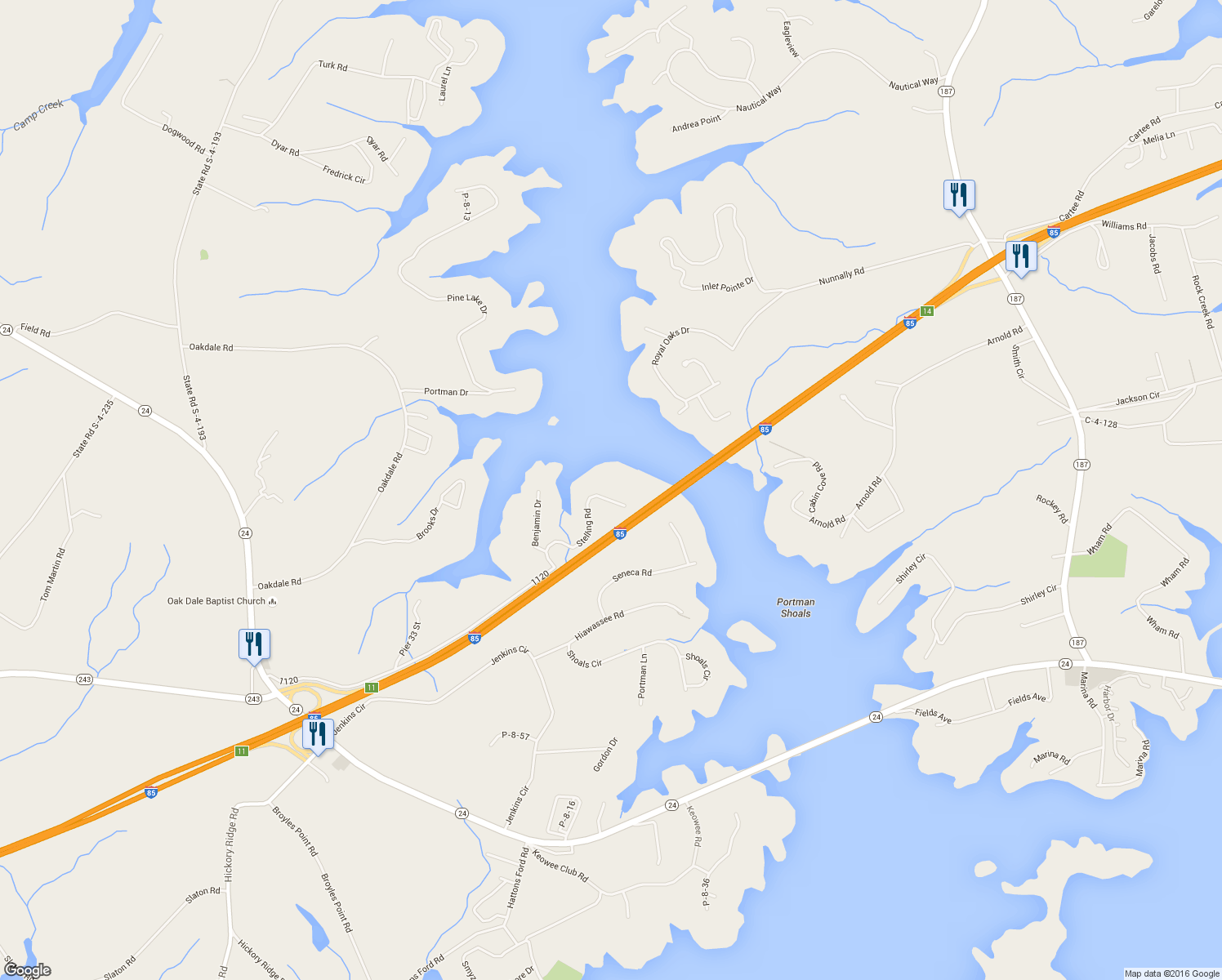 map of restaurants, bars, coffee shops, grocery stores, and more near 225 Stelling Road in Townville