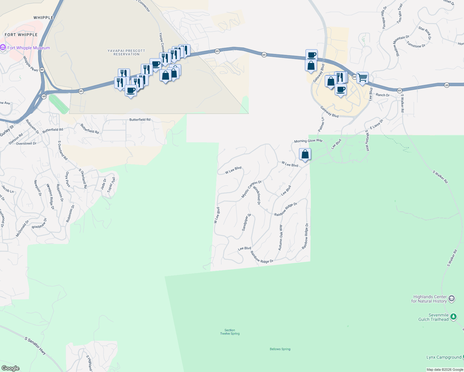 map of restaurants, bars, coffee shops, grocery stores, and more near 2737 Lookover Circle in Prescott
