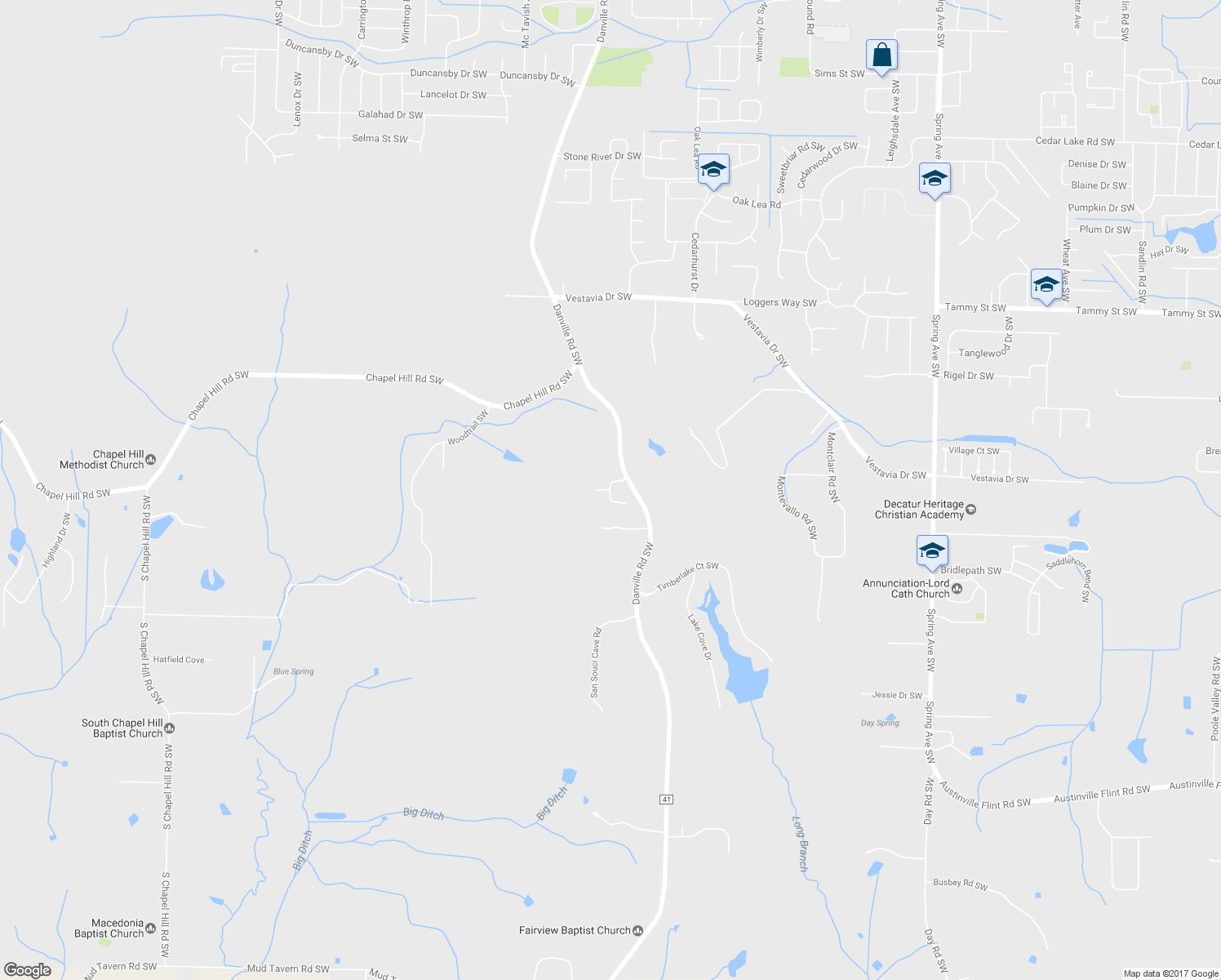 map of restaurants, bars, coffee shops, grocery stores, and more near 2031 Katie Drive Southwest in Decatur