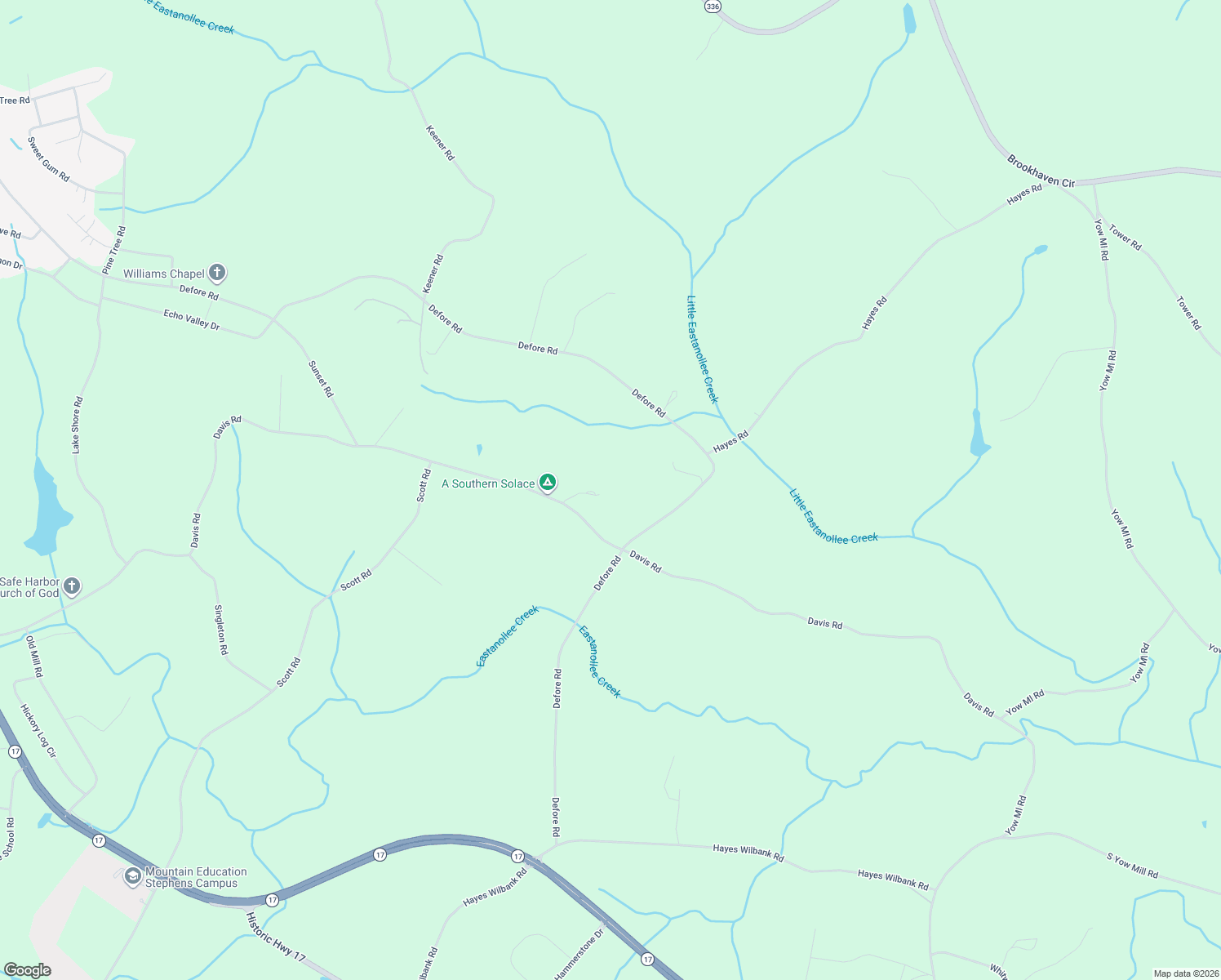 map of restaurants, bars, coffee shops, grocery stores, and more near 2434 Defore Road in Toccoa