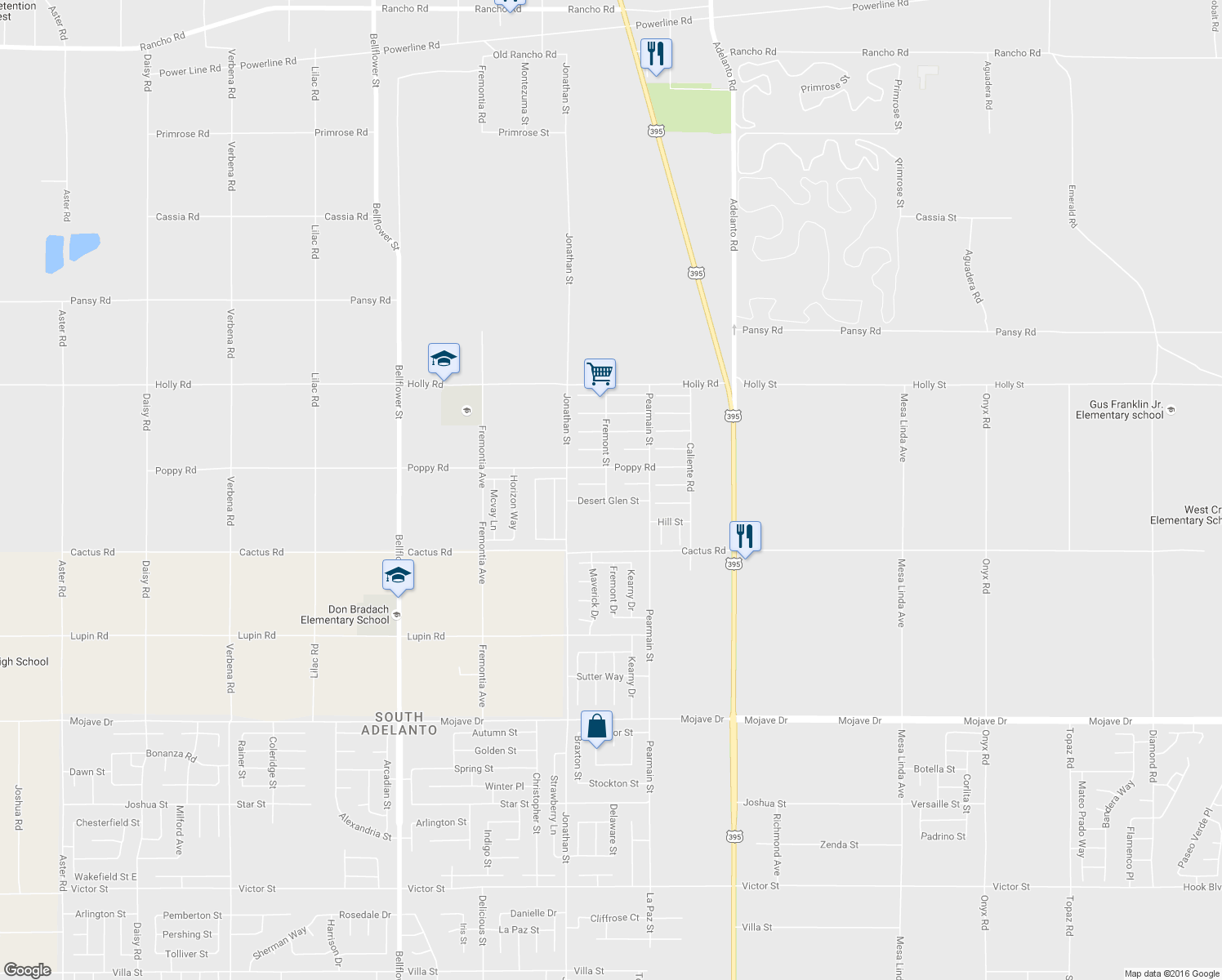 map of restaurants, bars, coffee shops, grocery stores, and more near 15857 Fremont Street in Adelanto