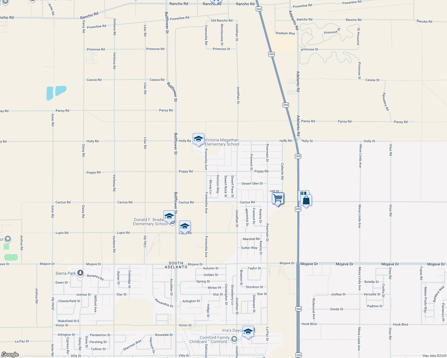 map of restaurants, bars, coffee shops, grocery stores, and more near 15850 Desert Rock Street in Adelanto