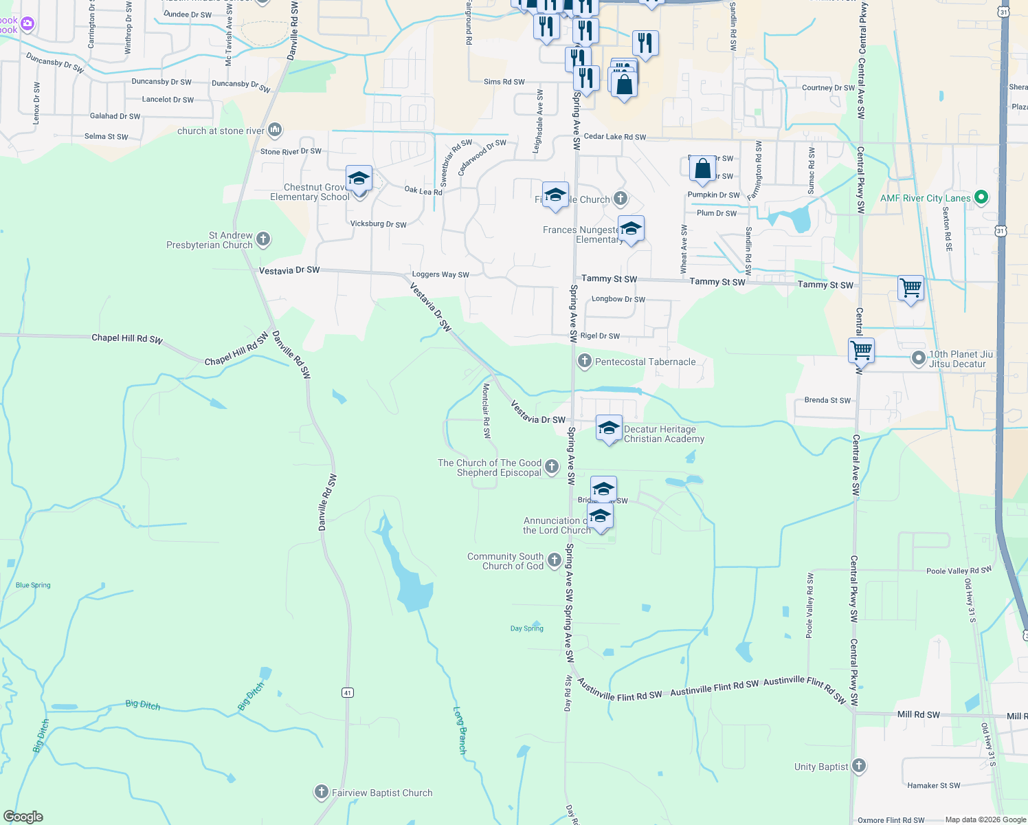 map of restaurants, bars, coffee shops, grocery stores, and more near 1001 Vestavia Drive Southwest in Decatur