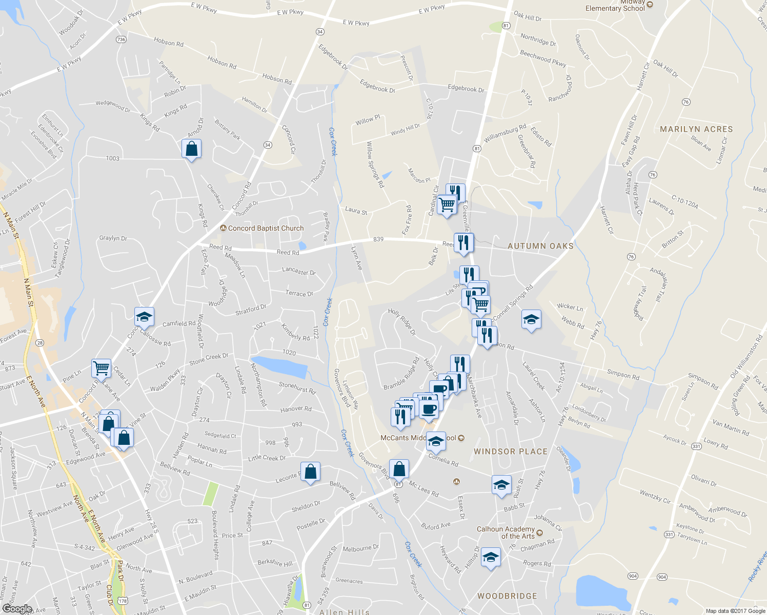 map of restaurants, bars, coffee shops, grocery stores, and more near 312 Holly Ridge Drive in Anderson