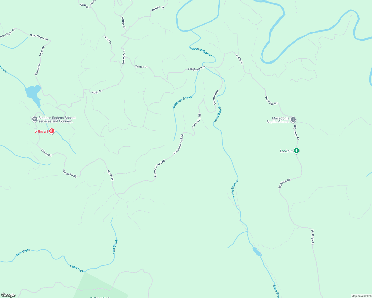 map of restaurants, bars, coffee shops, grocery stores, and more near 1379 Foxhound Trail Northeast in Ranger
