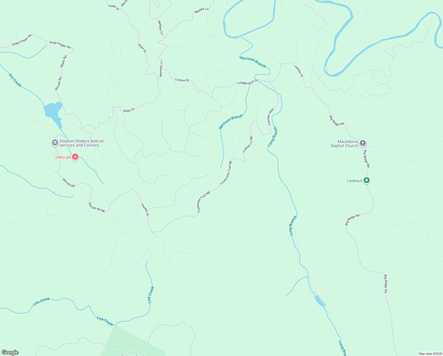 map of restaurants, bars, coffee shops, grocery stores, and more near 1399 Foxhound Trail Northeast in Ranger