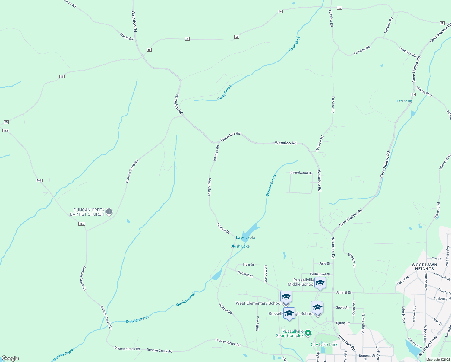 map of restaurants, bars, coffee shops, grocery stores, and more near 1550 Whitten Road in Russellville