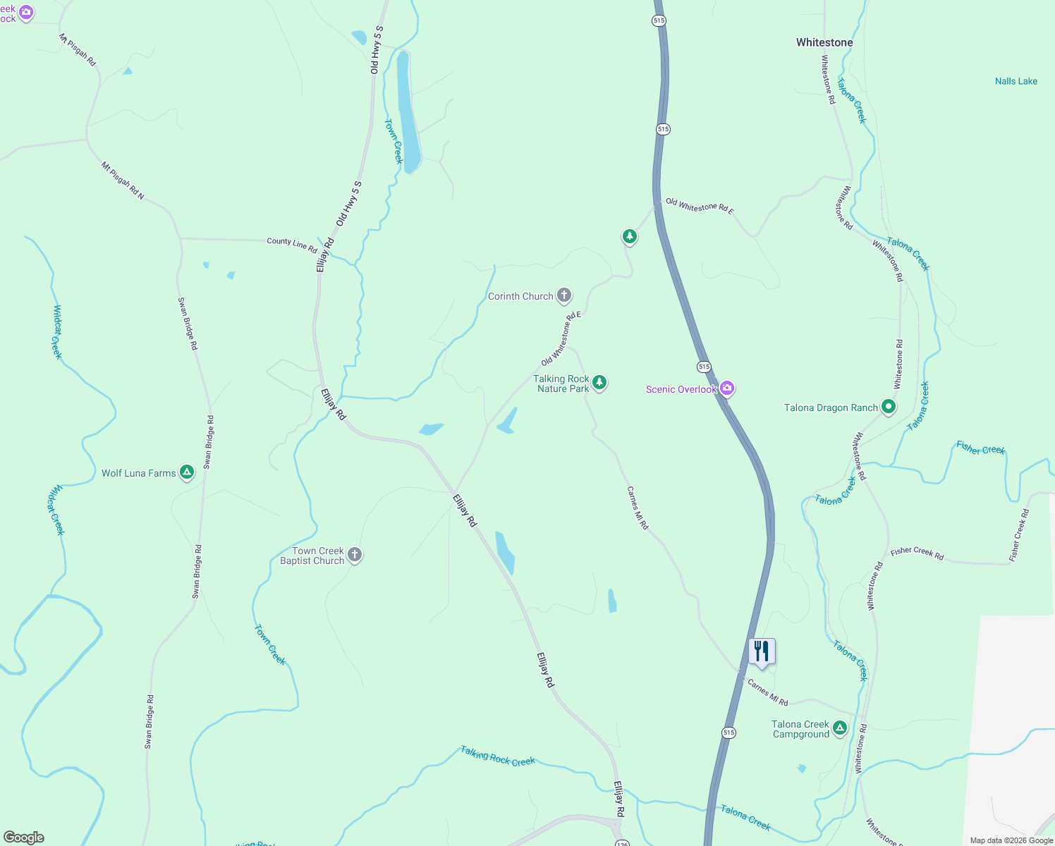 map of restaurants, bars, coffee shops, grocery stores, and more near 365 Old Whitestone Road East in Talking Rock