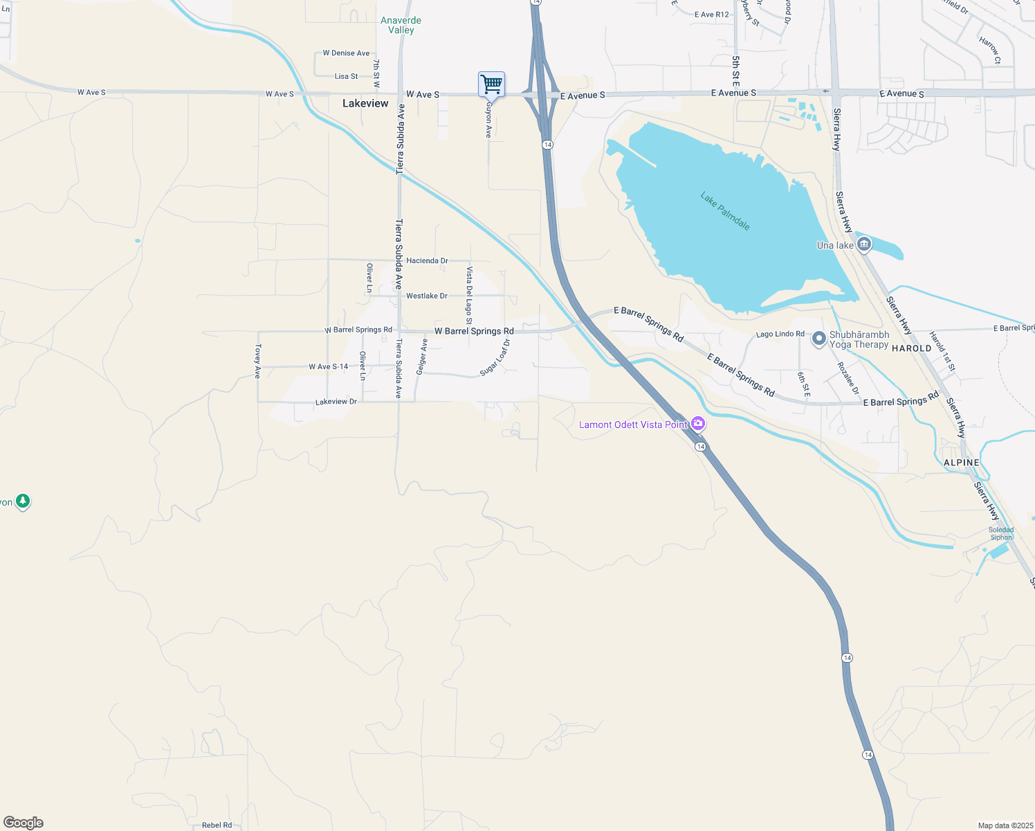 map of restaurants, bars, coffee shops, grocery stores, and more near 238 Lakeview Drive in Palmdale