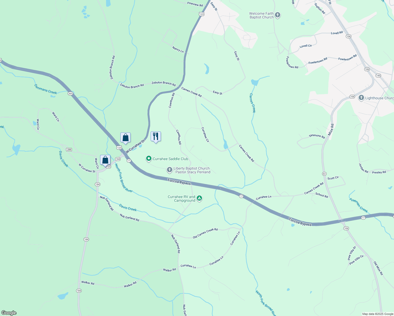 map of restaurants, bars, coffee shops, grocery stores, and more near Sherwood Street in Toccoa