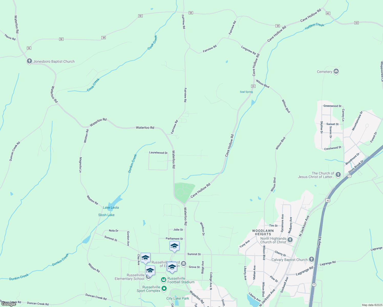 map of restaurants, bars, coffee shops, grocery stores, and more near 1-399 James Drive in Russellville