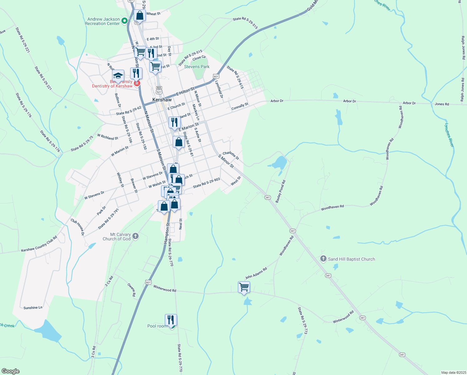 map of restaurants, bars, coffee shops, grocery stores, and more near 209 West Street in Kershaw