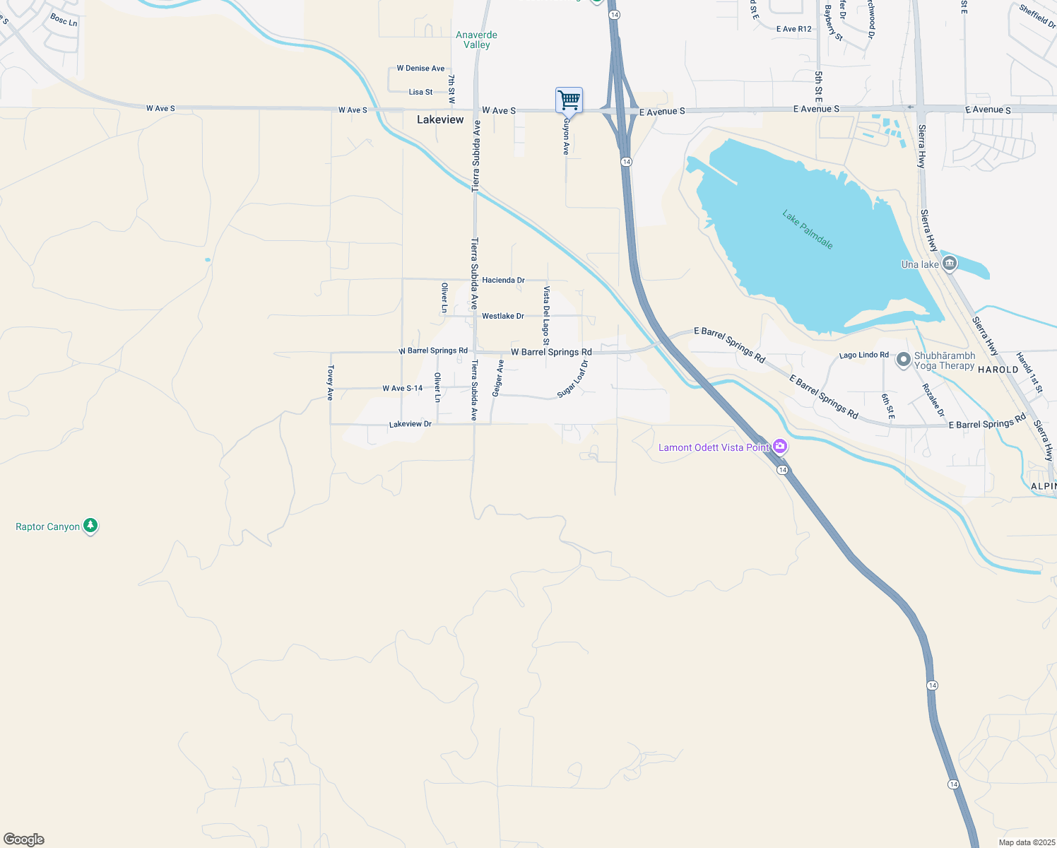 map of restaurants, bars, coffee shops, grocery stores, and more near Lakeview Drive in Palmdale