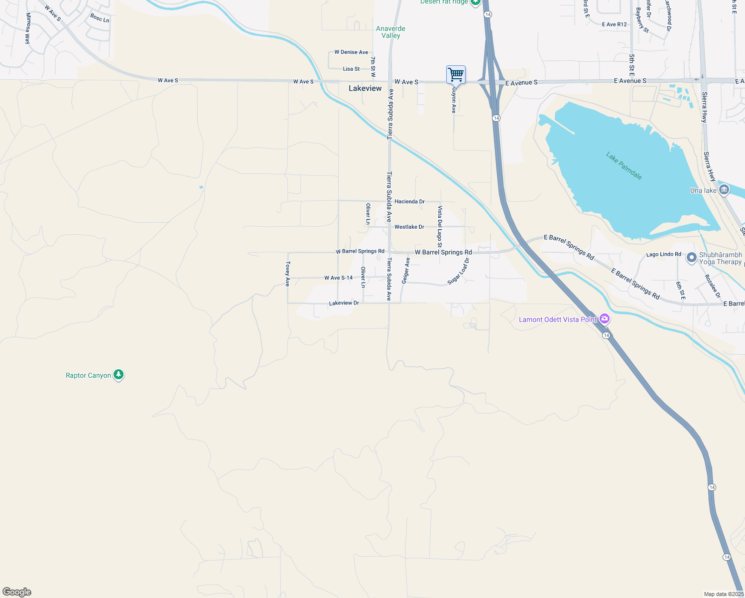 map of restaurants, bars, coffee shops, grocery stores, and more near 645 Lakeview Drive in Palmdale