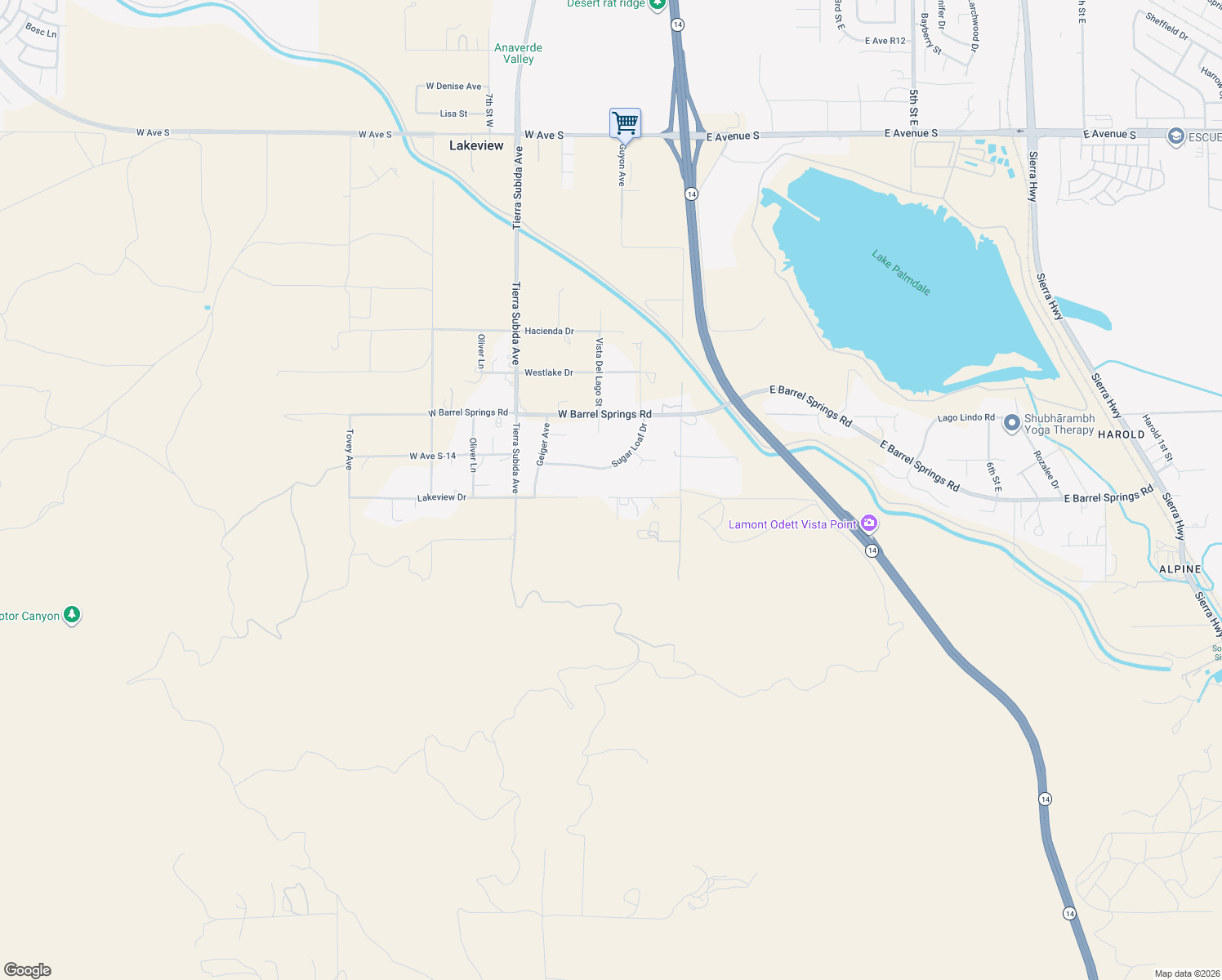 map of restaurants, bars, coffee shops, grocery stores, and more near 345 Lakeview Drive in Palmdale