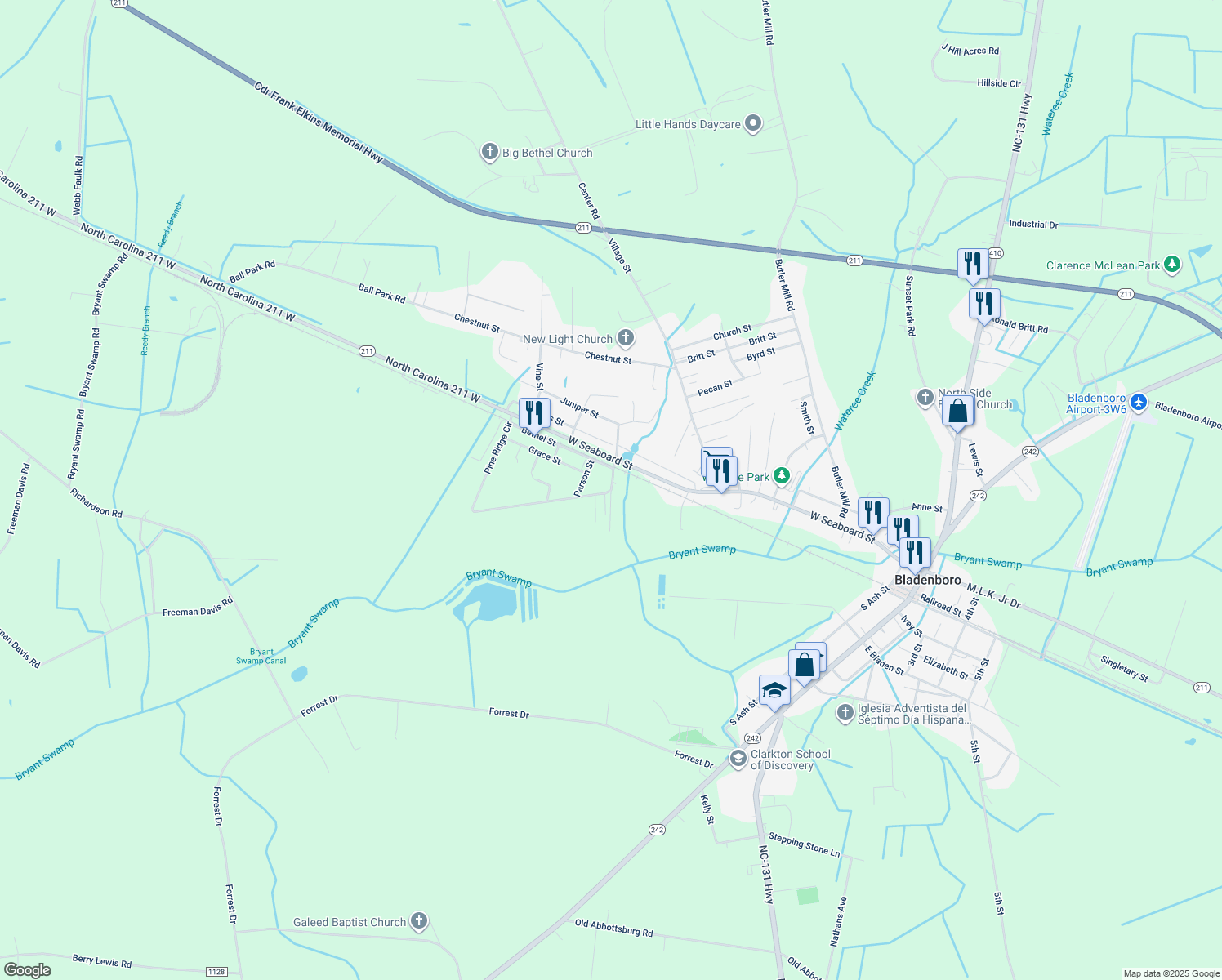 map of restaurants, bars, coffee shops, grocery stores, and more near Oak Street in Bladenboro