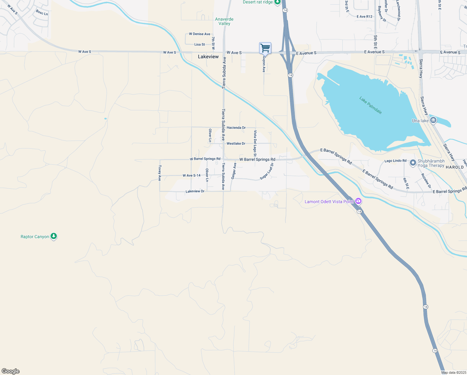 map of restaurants, bars, coffee shops, grocery stores, and more near 36406 Geiger Avenue in Palmdale