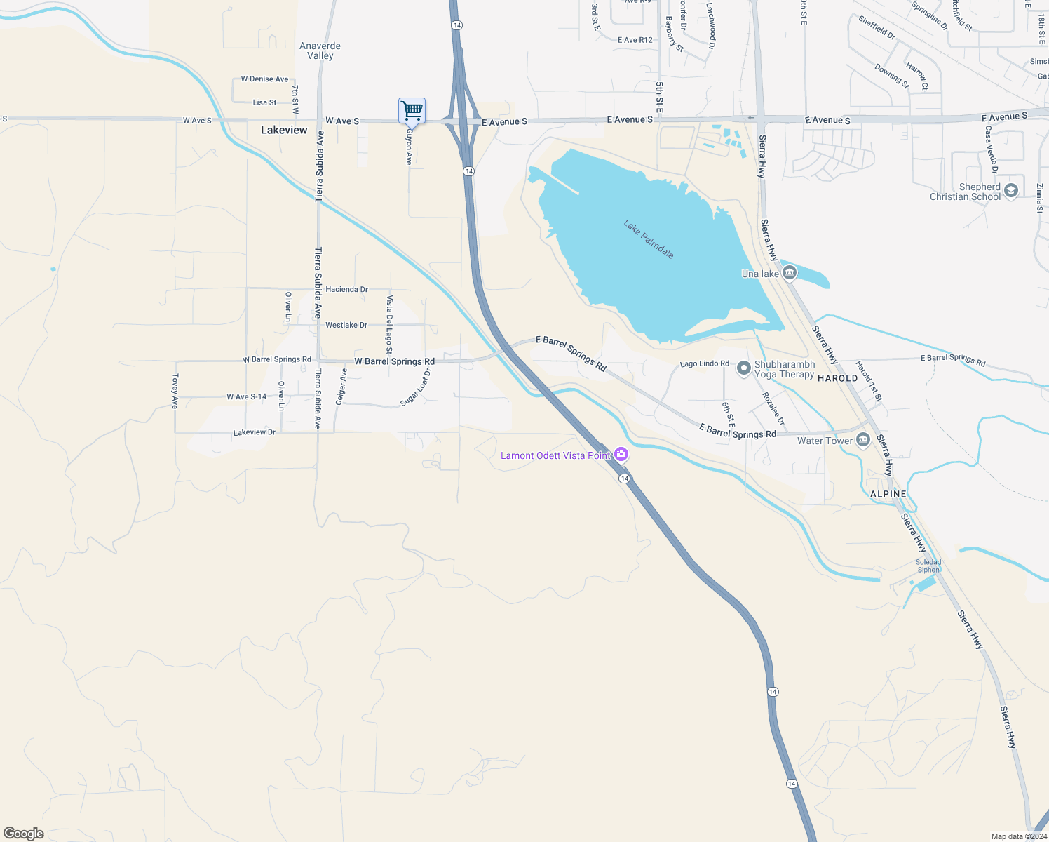 map of restaurants, bars, coffee shops, grocery stores, and more near Lakeview Drive in Palmdale