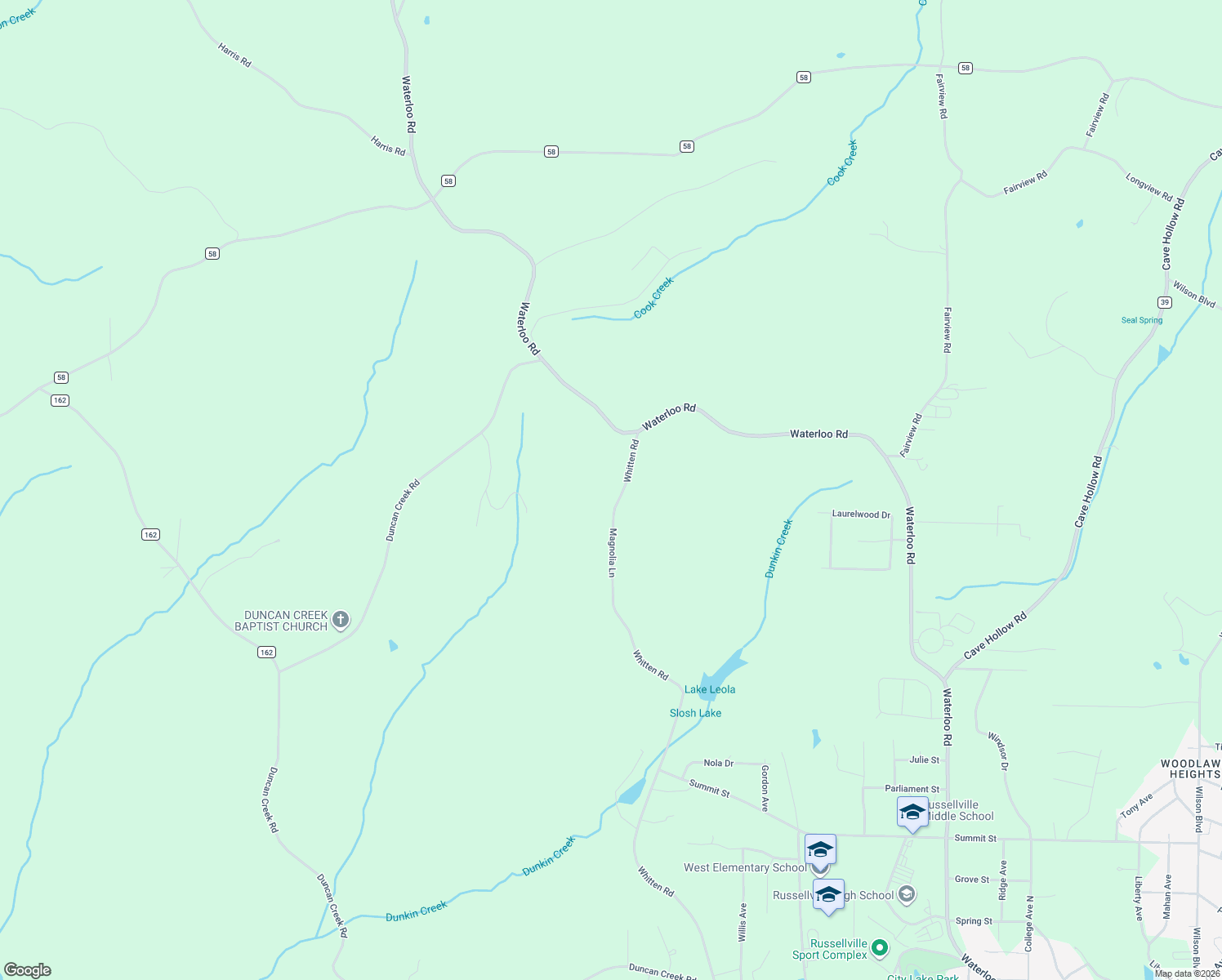 map of restaurants, bars, coffee shops, grocery stores, and more near 1589 Whitten Road in Russellville