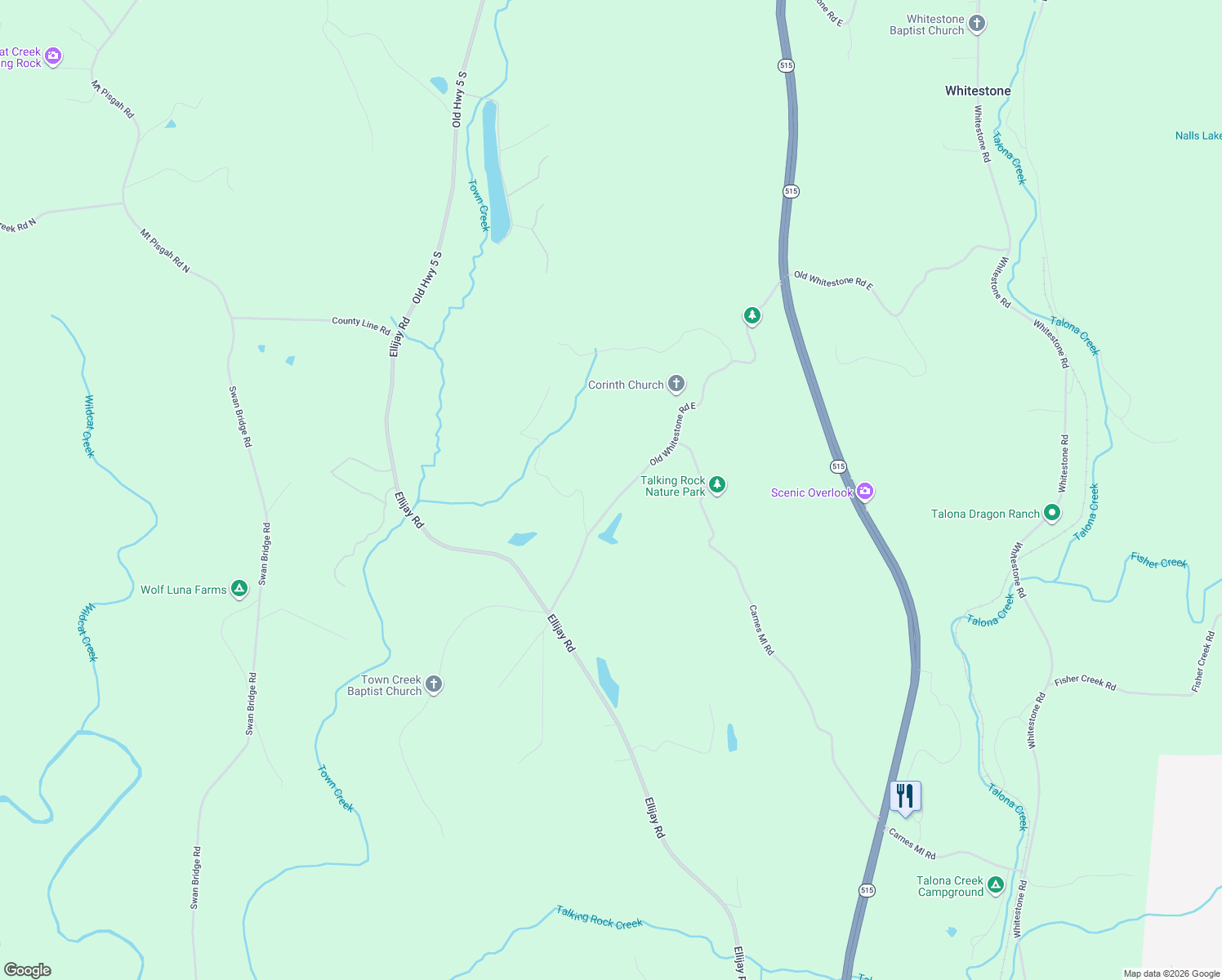 map of restaurants, bars, coffee shops, grocery stores, and more near 365 Old Whitestone Road East in Talking Rock