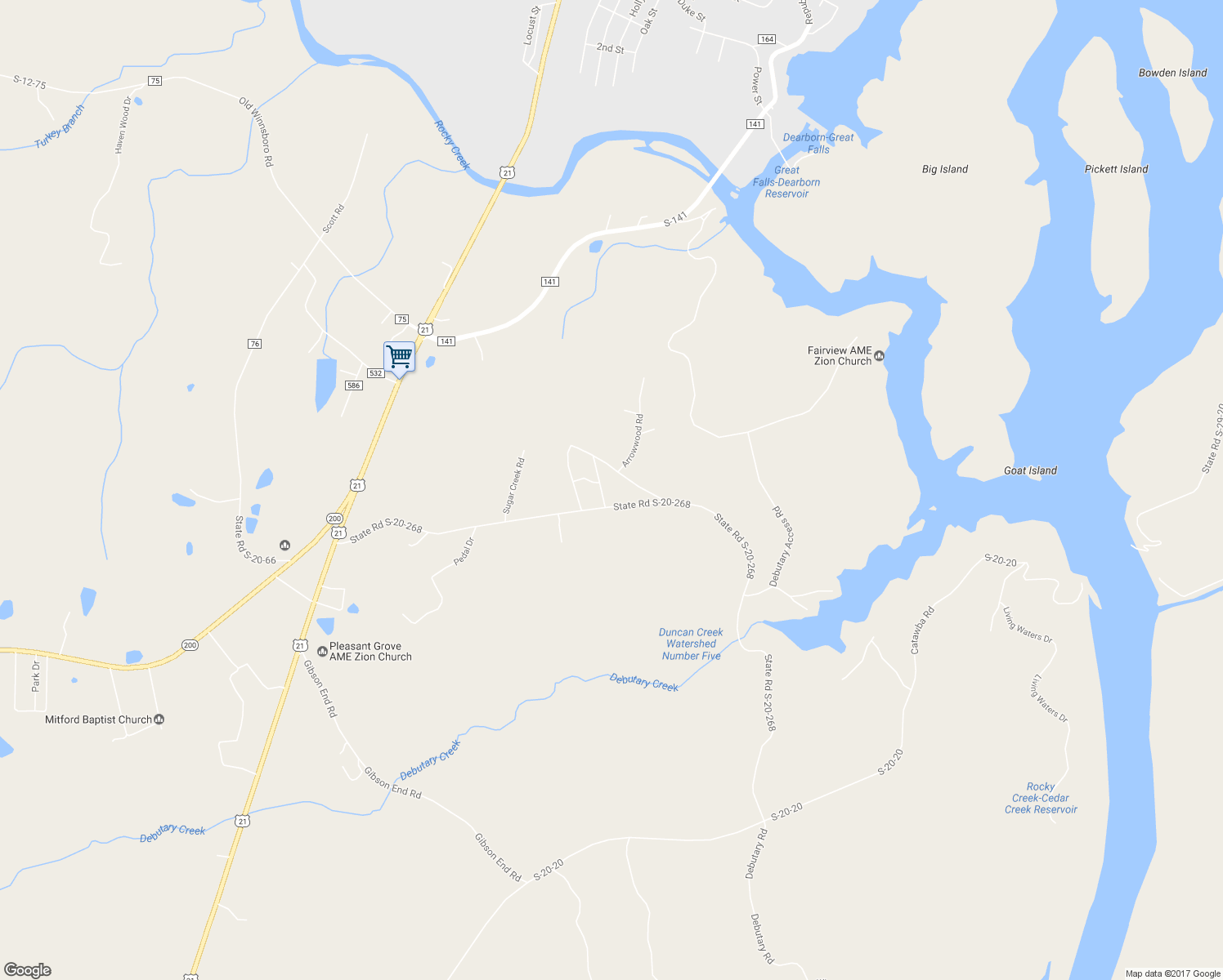 map of restaurants, bars, coffee shops, grocery stores, and more near 46 Tanglewood Lane in Great Falls