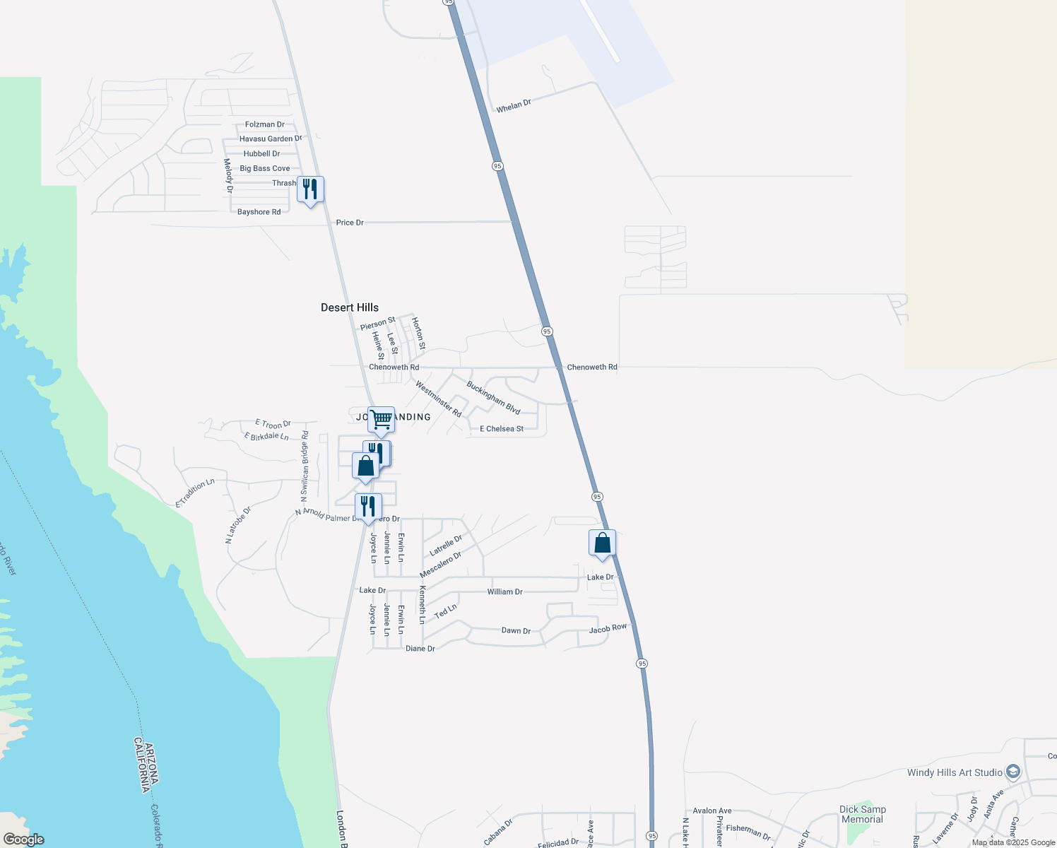 map of restaurants, bars, coffee shops, grocery stores, and more near 2341 East Chelsea Street in Lake Havasu City