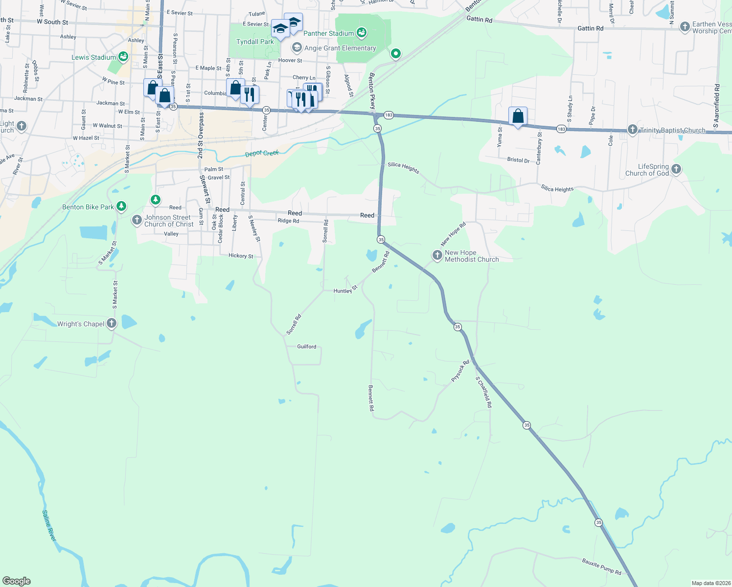 map of restaurants, bars, coffee shops, grocery stores, and more near 1918 Bennett Road in Benton