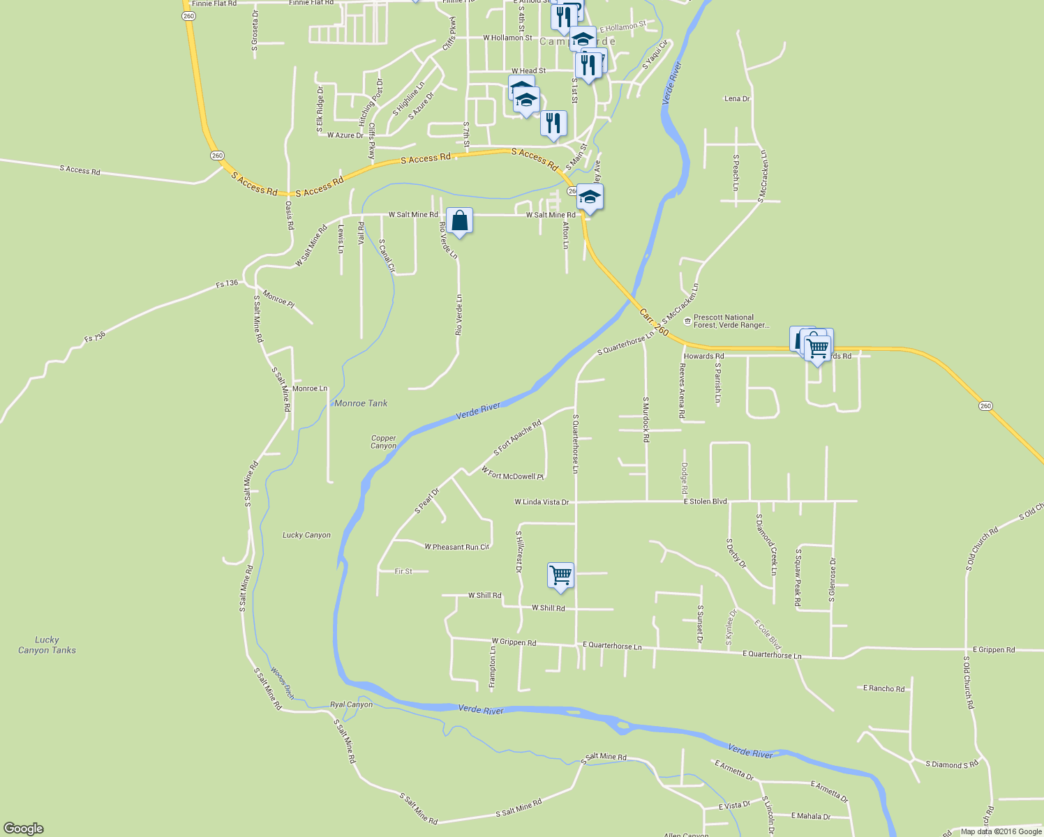 map of restaurants, bars, coffee shops, grocery stores, and more near 1734 South Fort Apache Road in Camp Verde
