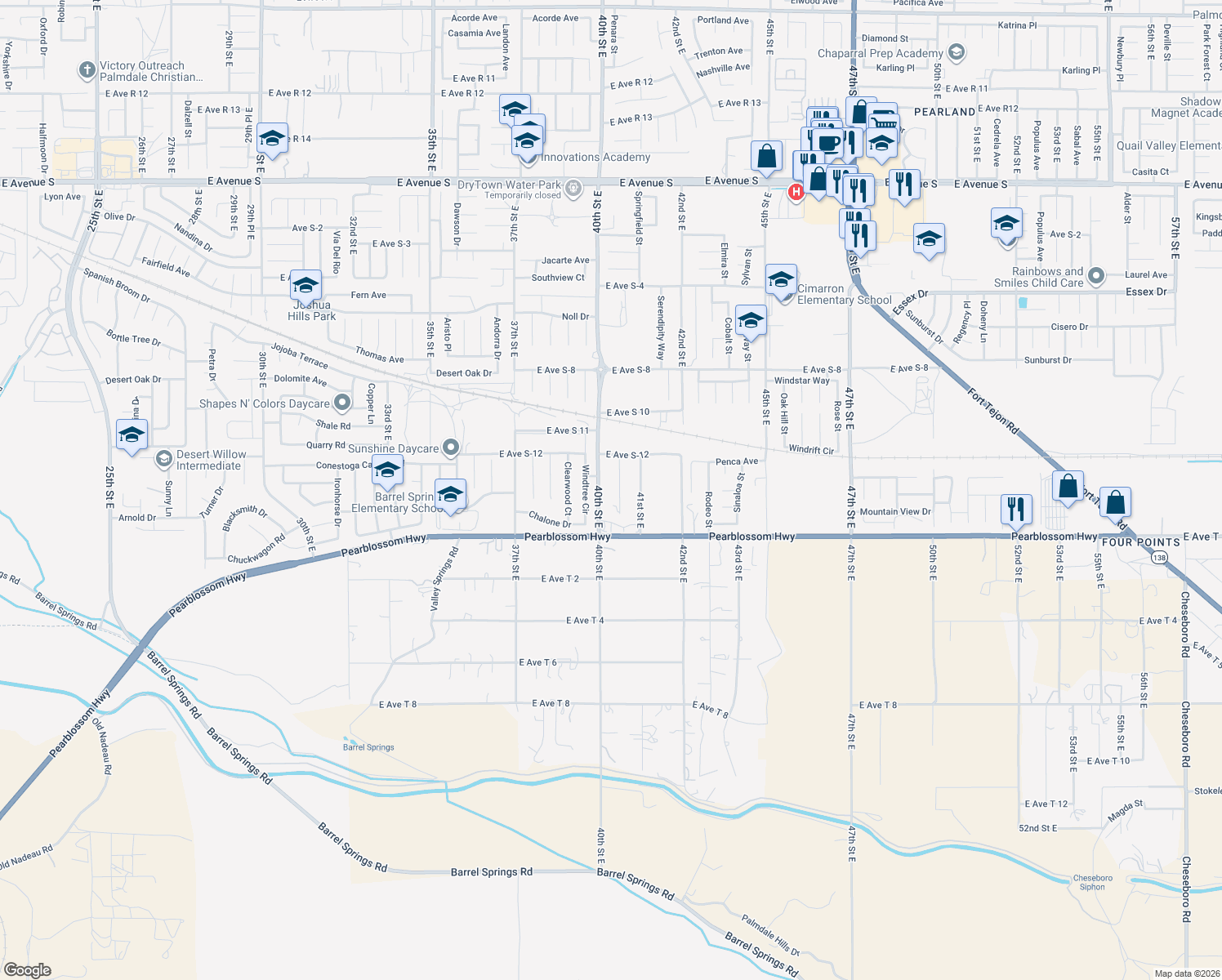 map of restaurants, bars, coffee shops, grocery stores, and more near 36508 40th St E in Palmdale