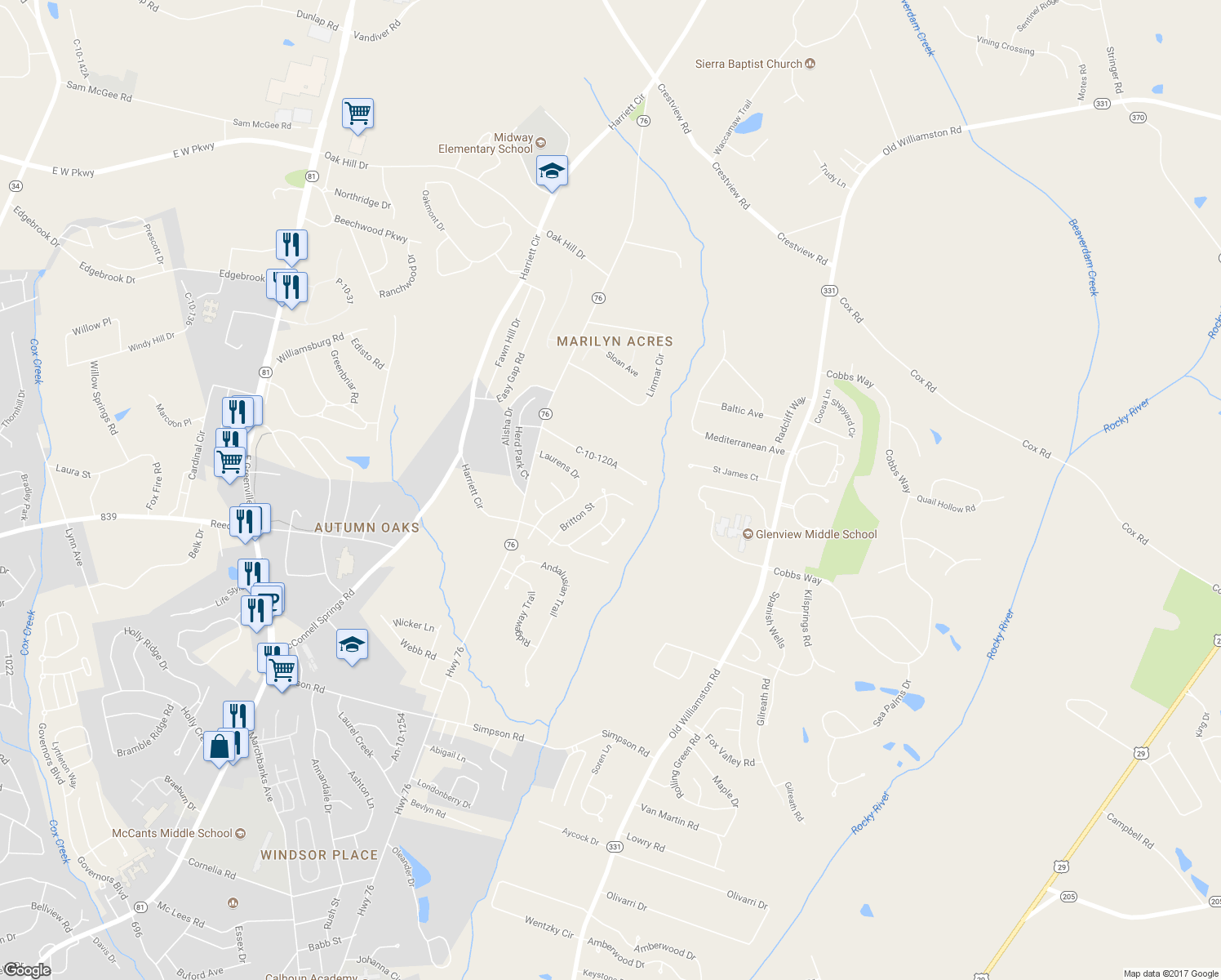 map of restaurants, bars, coffee shops, grocery stores, and more near 731 Britton Street in Anderson